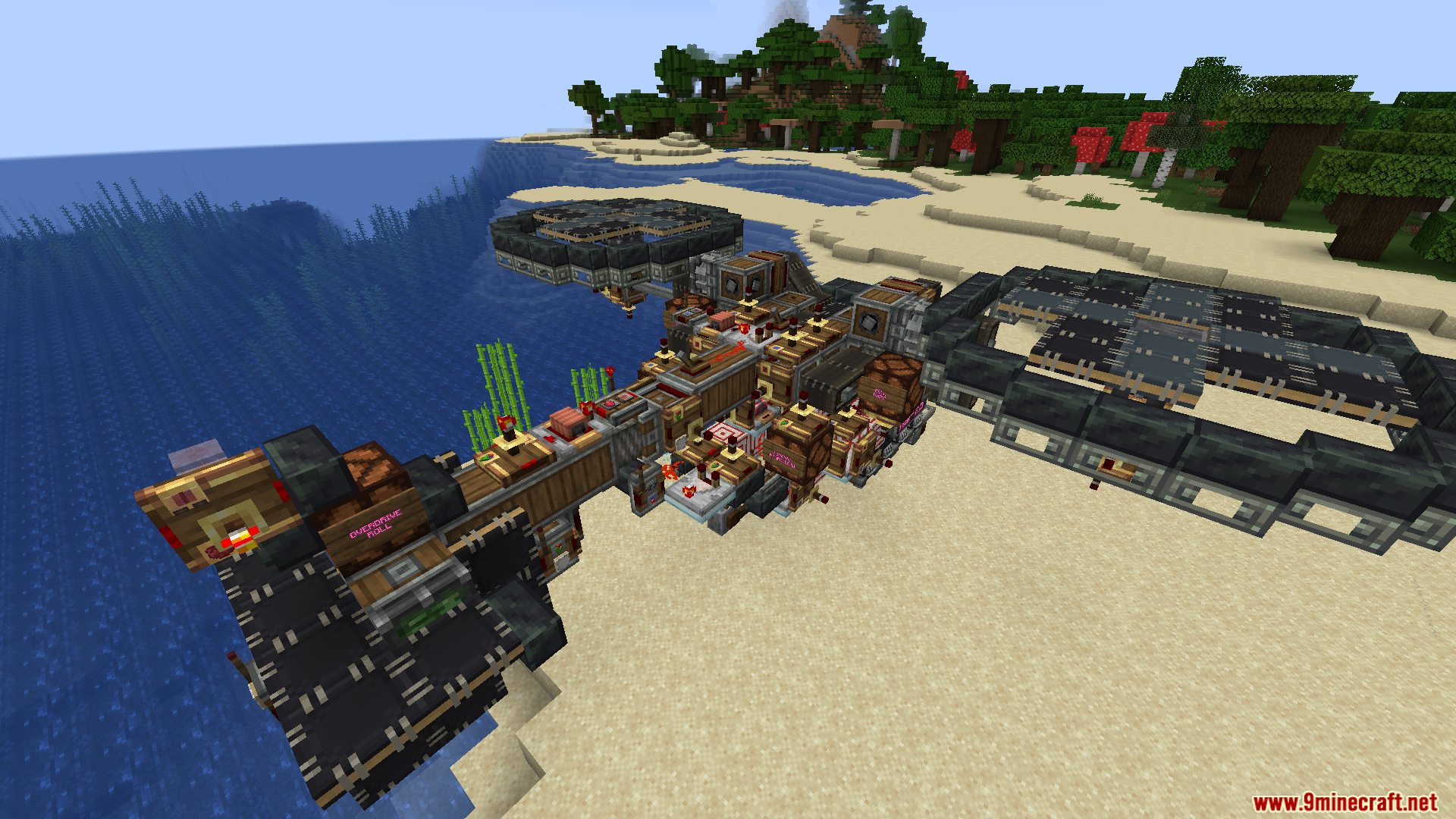 Create Aeronautics Mod Screenshot 6 A complex mechanical flying machine with propellers and redstone parts on a beach