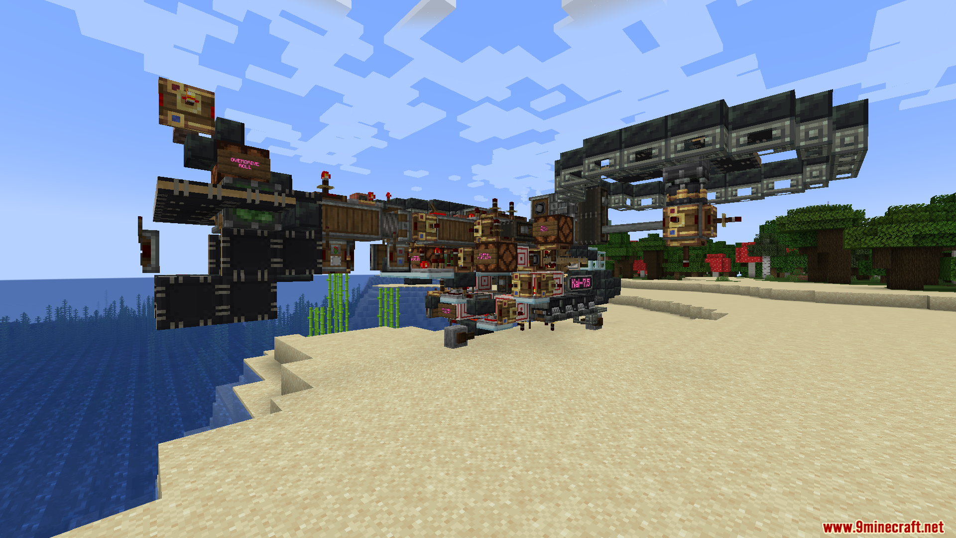 Create Aeronautics Mod Screenshot 7 A large mechanical aircraft with a circular rotor parked on a beach