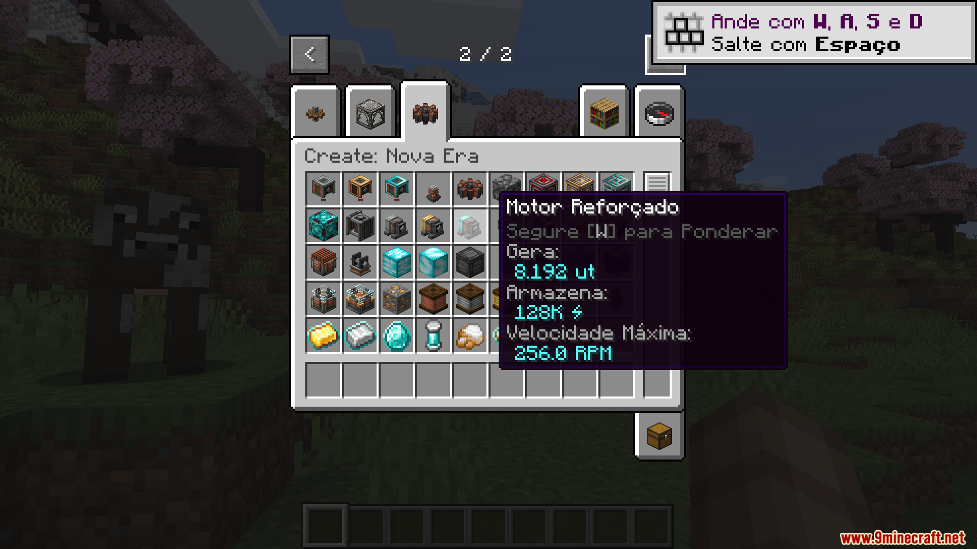 Creative menu displaying Reinforced Motor stats translated into Brazilian Portuguese language