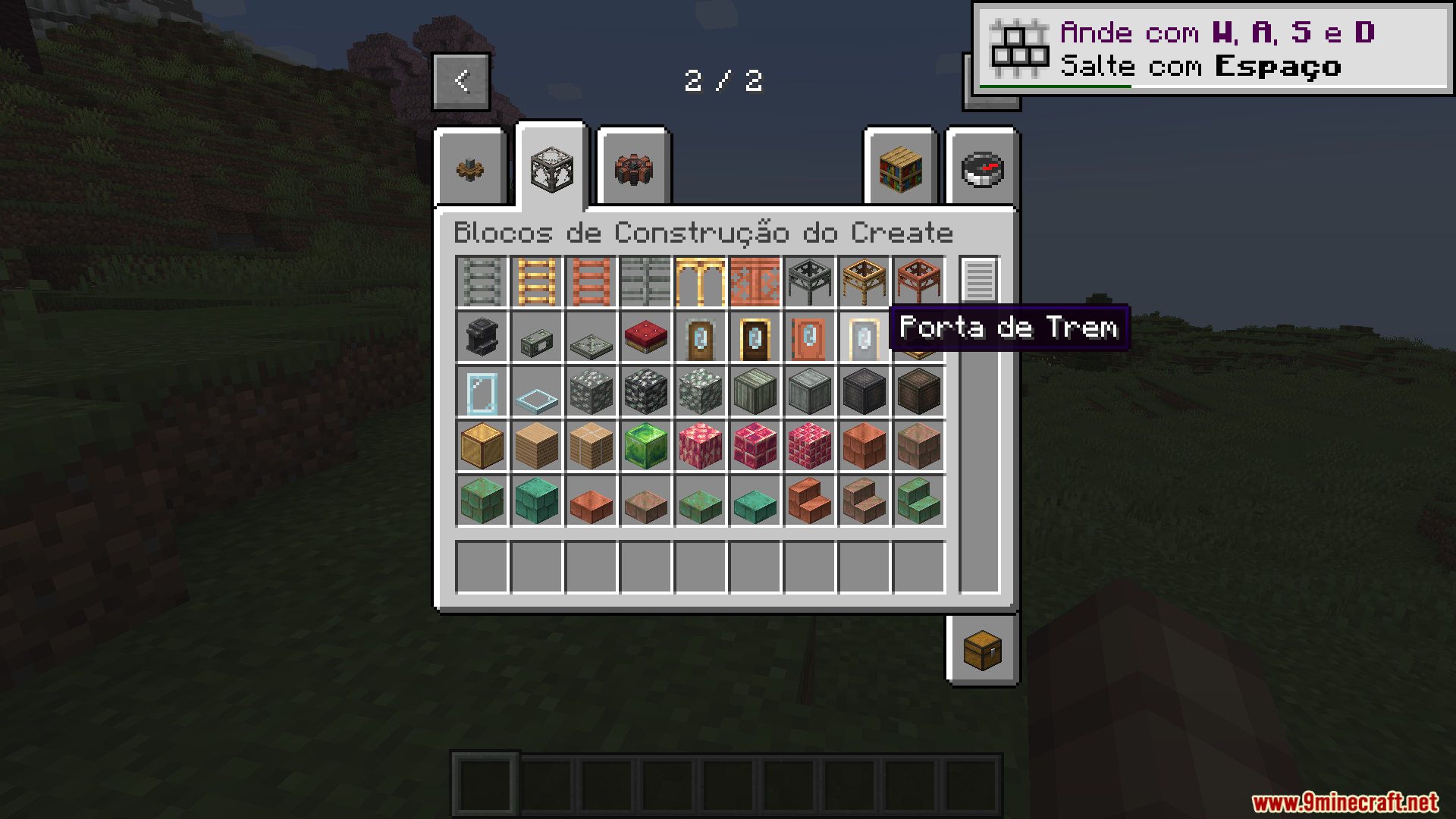 Minecraft creative inventory showing train door item with Portuguese translation text