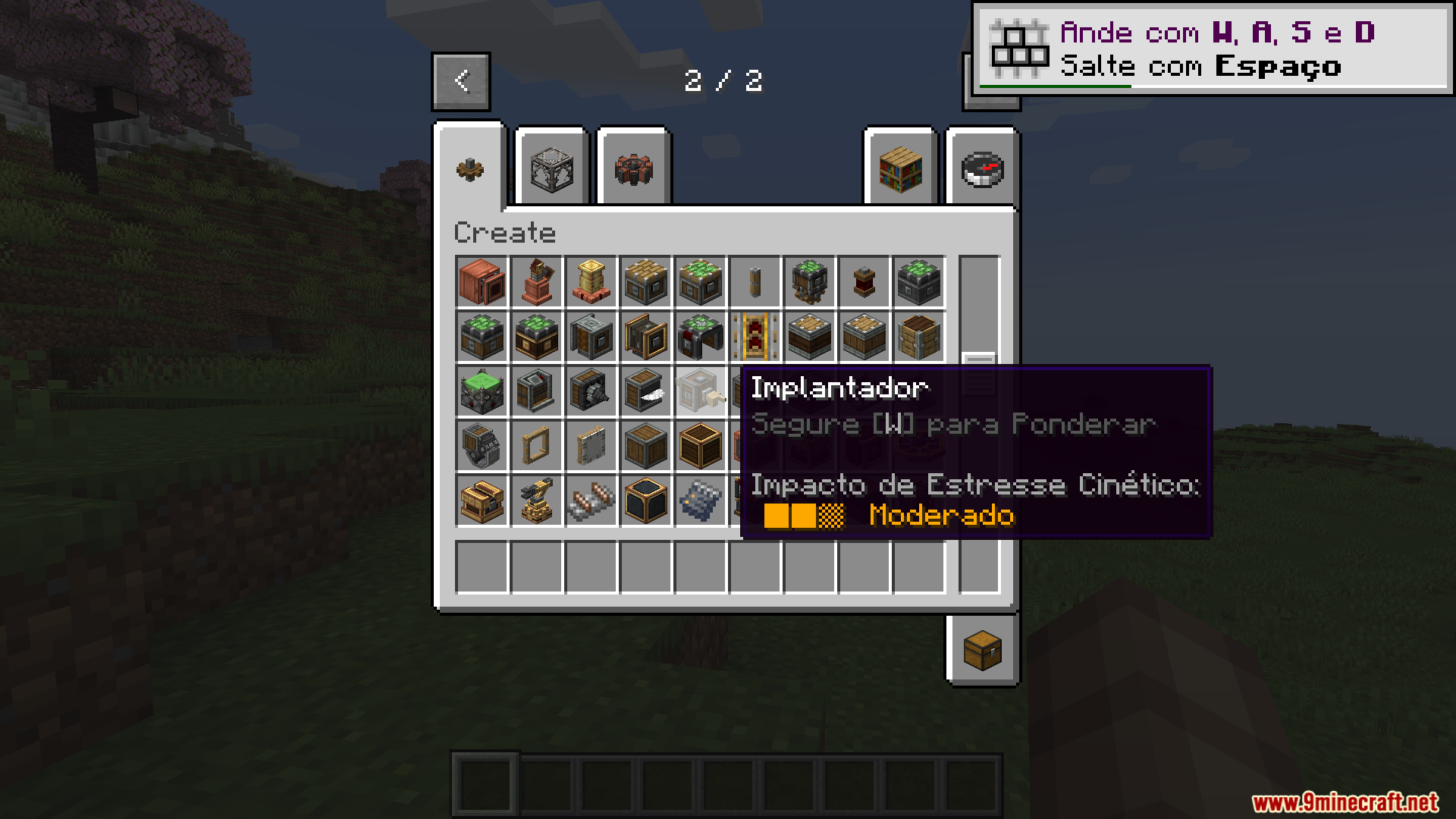 Minecraft inventory screen displaying Create mod items with Portuguese language tooltips