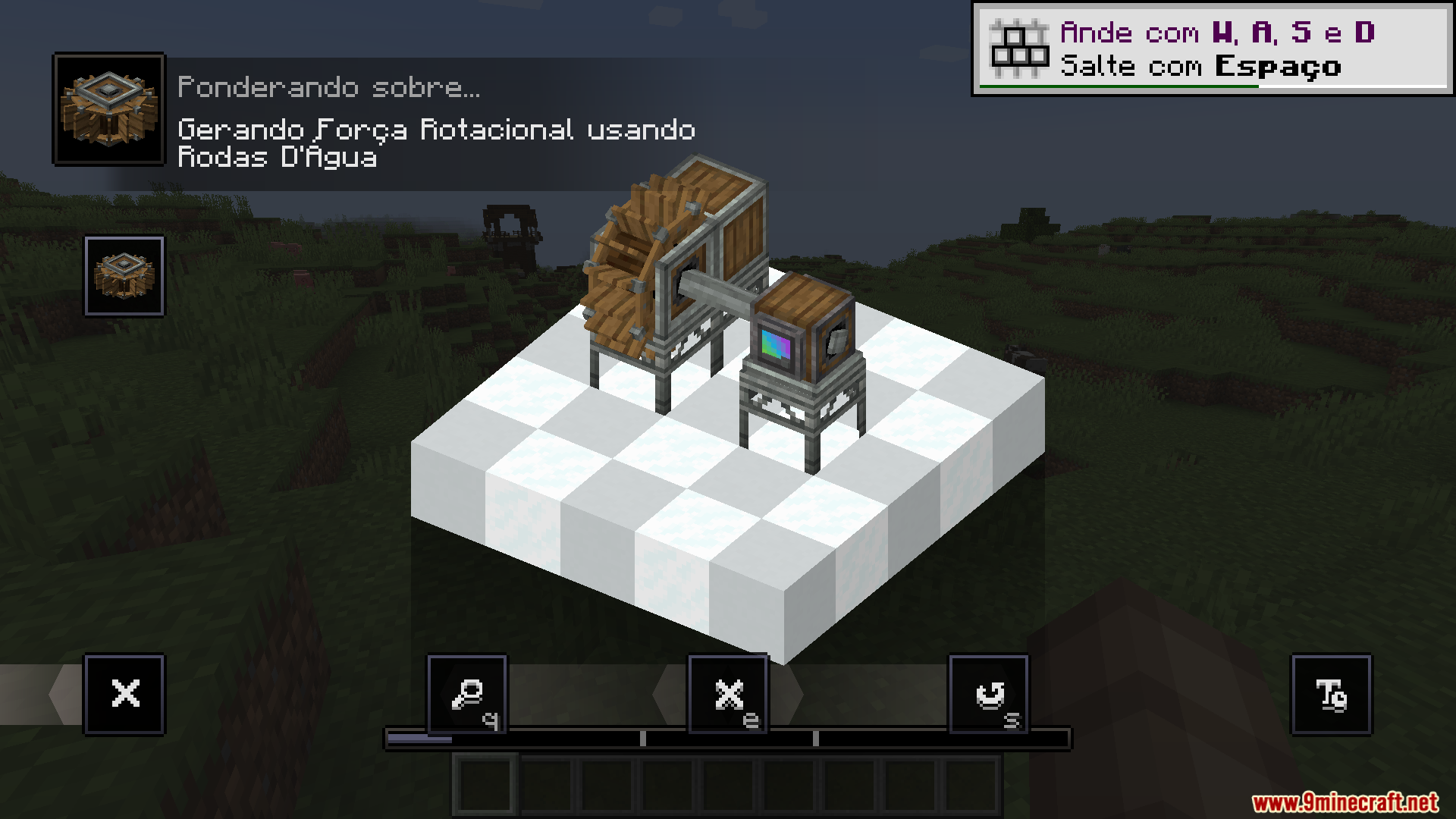 A tutorial scene showing a water wheel generating power with Portuguese text