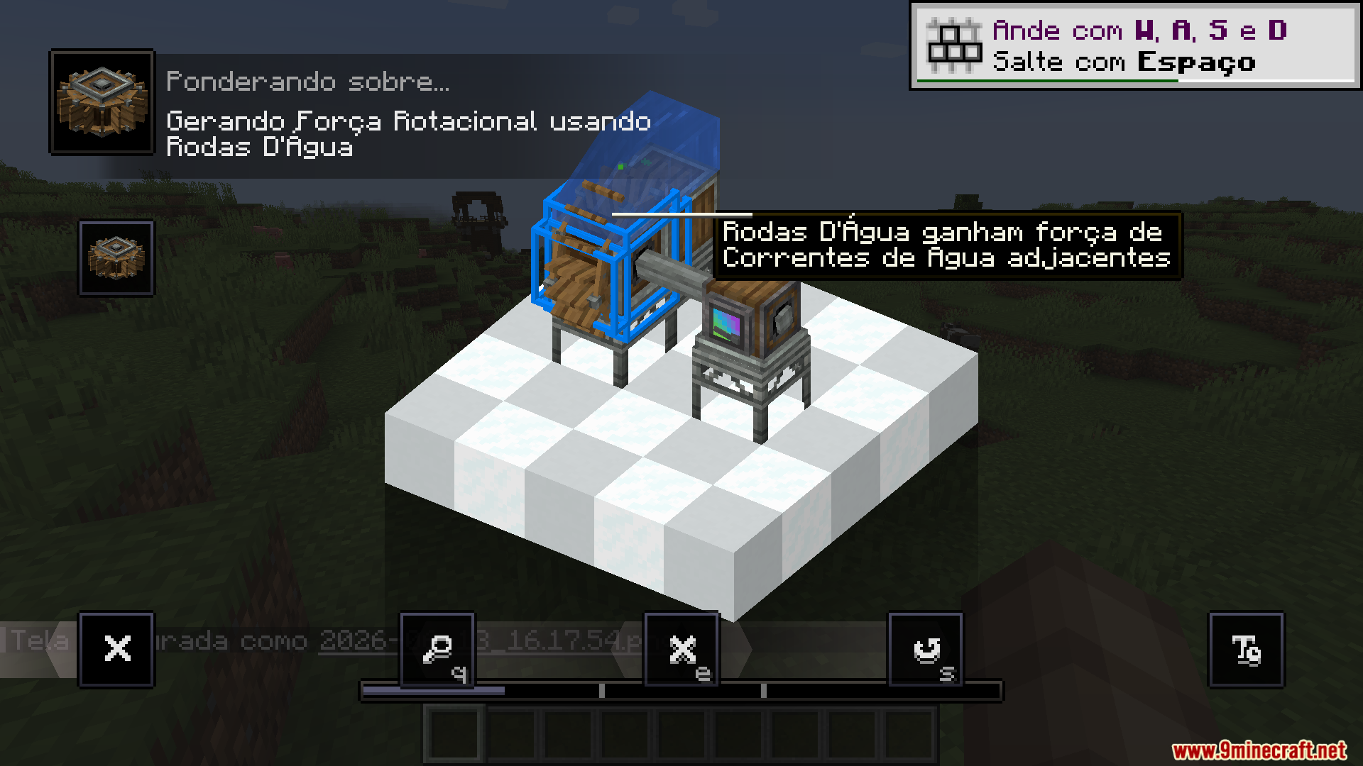 Create New Age ponder menu showing water wheel mechanics in Brazilian Portuguese