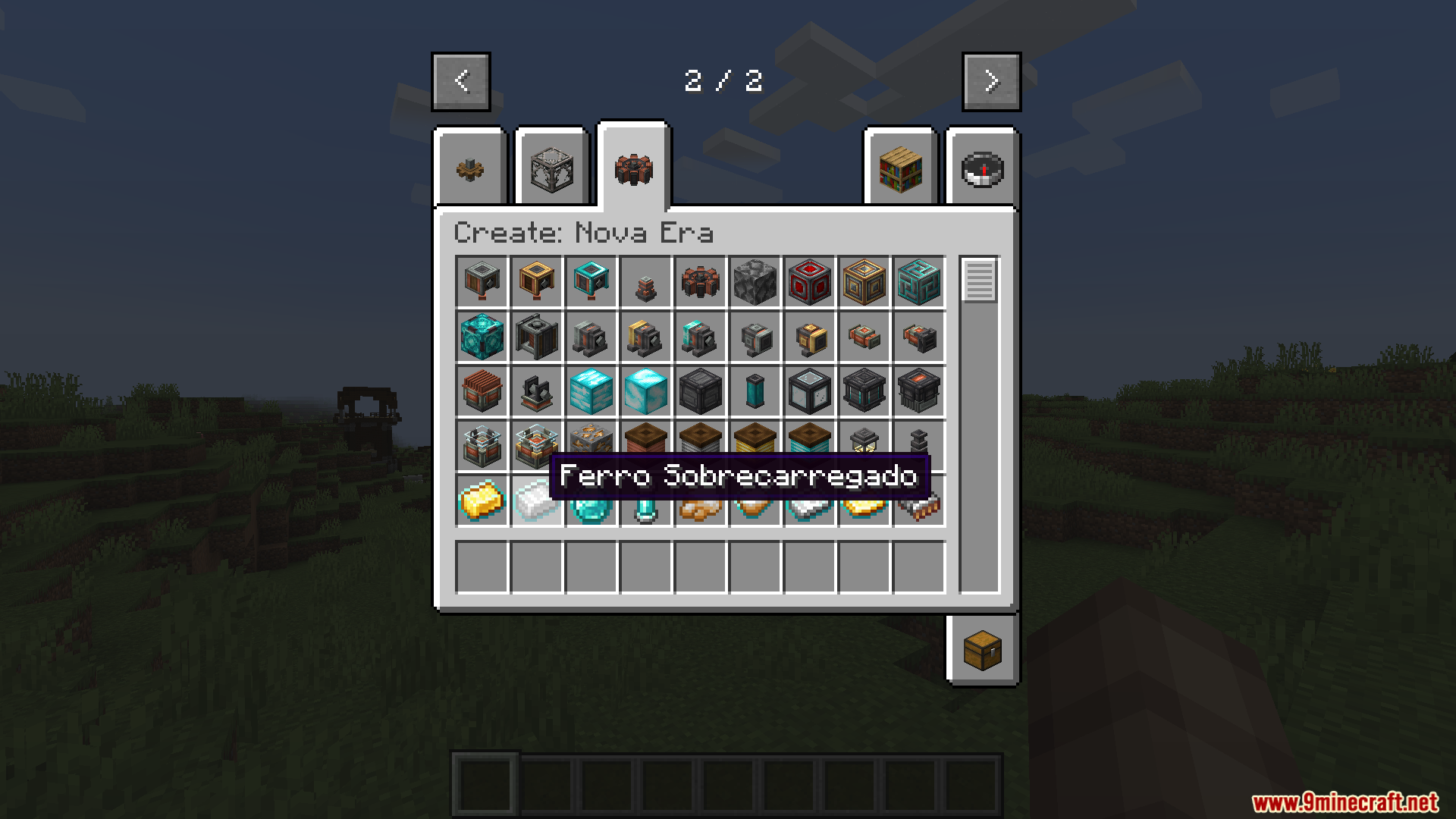 A player hovers over the Overcharged Iron item in the creative inventory