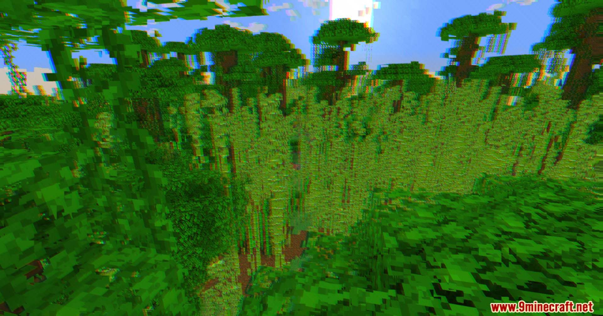 A Minecraft jungle biome with bamboo trees and heavy glitch visual effects