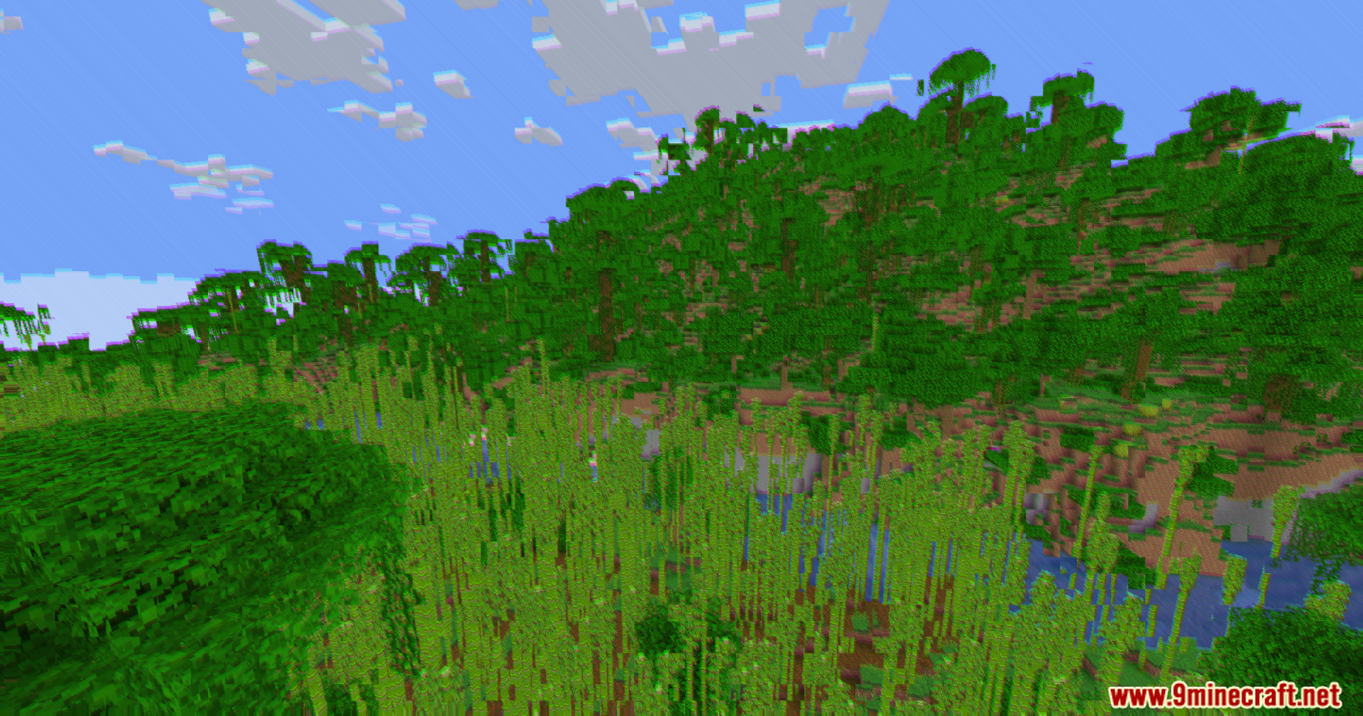 A lush jungle hill with bamboo featuring screen jitters and color separation effects