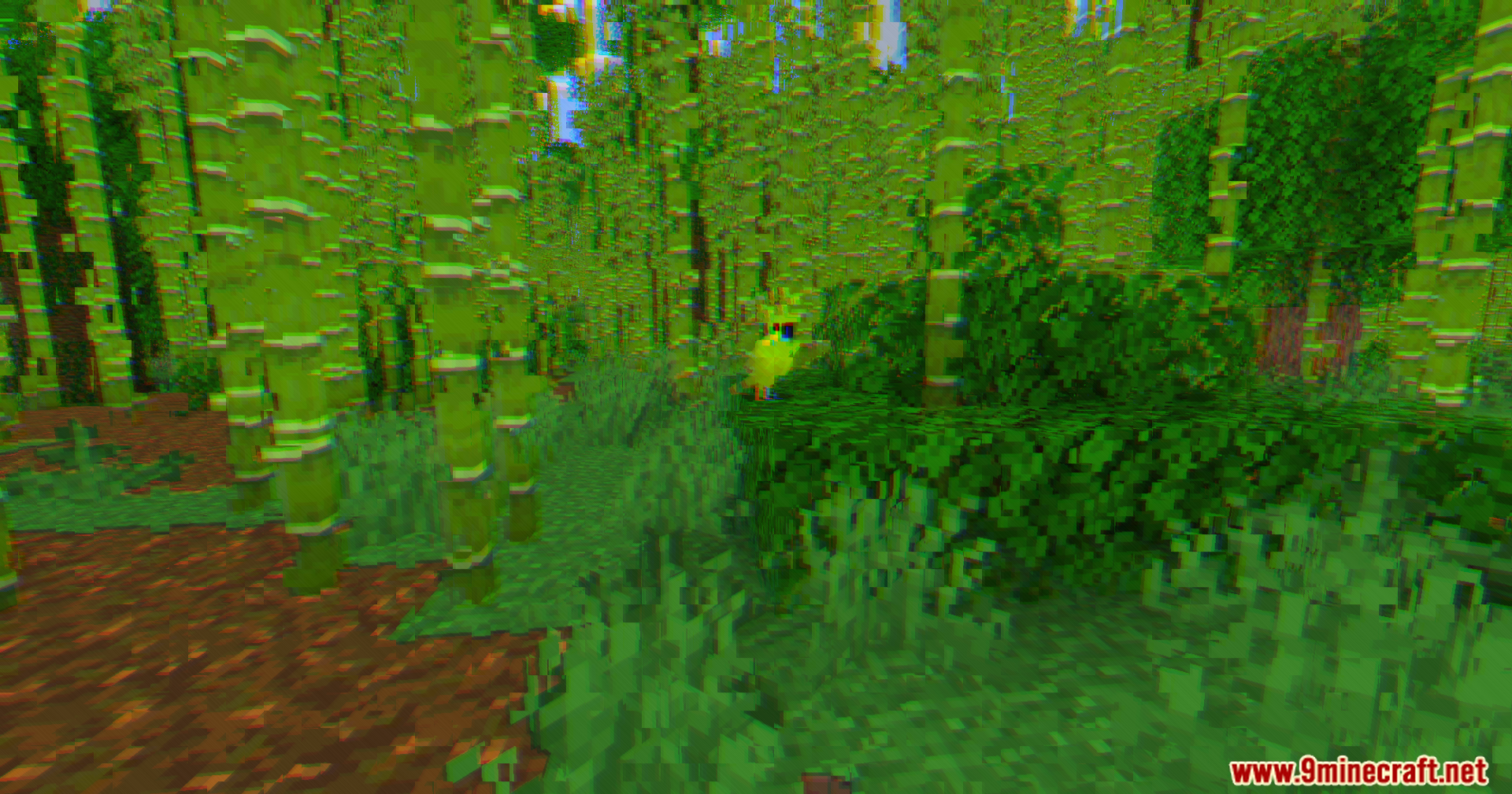 A yellow parrot sitting in a bamboo forest with distorted glitchy screen effects