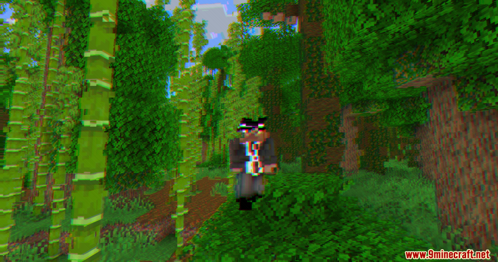 A Minecraft player in a suit standing in a glitchy bamboo forest