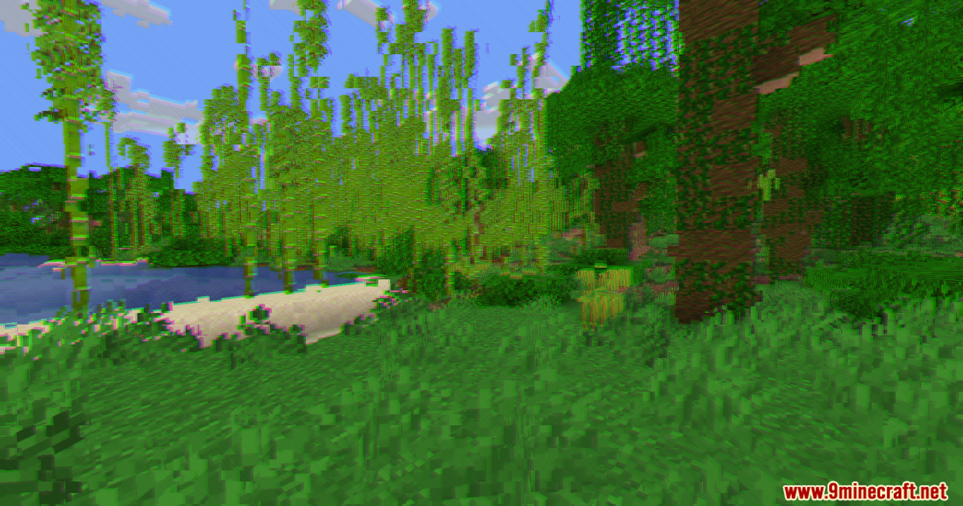 Lush jungle landscape with bamboo trees showing distorted visual effects and static