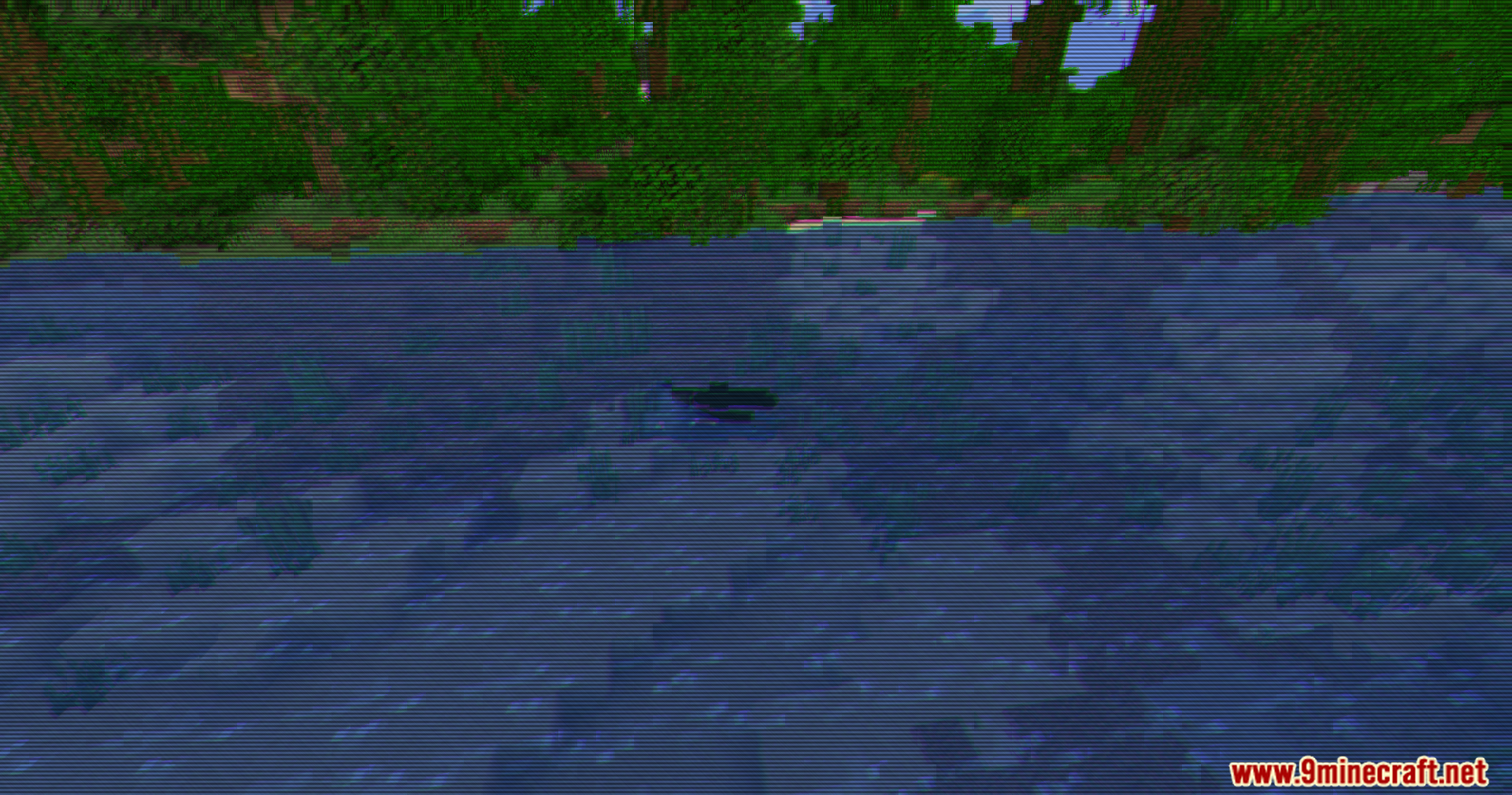 A dark mob swims in a jungle river with horizontal scanline effects