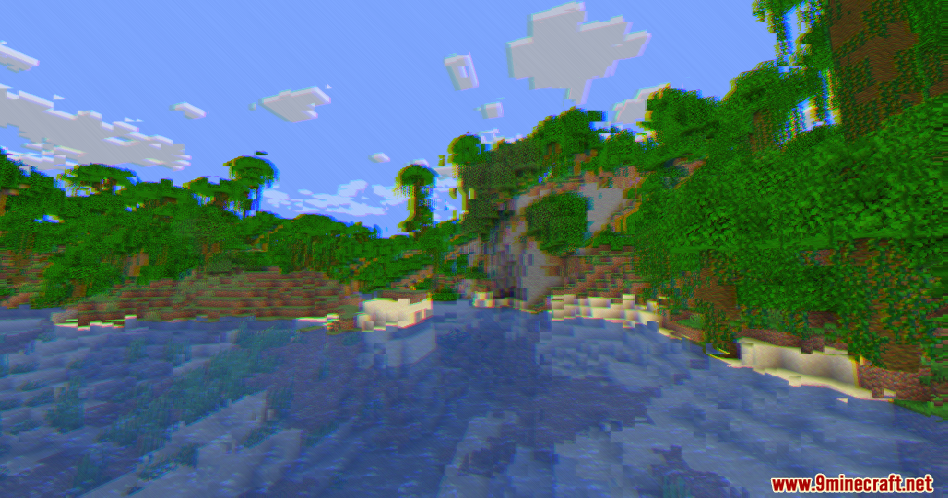 A Minecraft jungle biome with a glitchy color separation effect over water