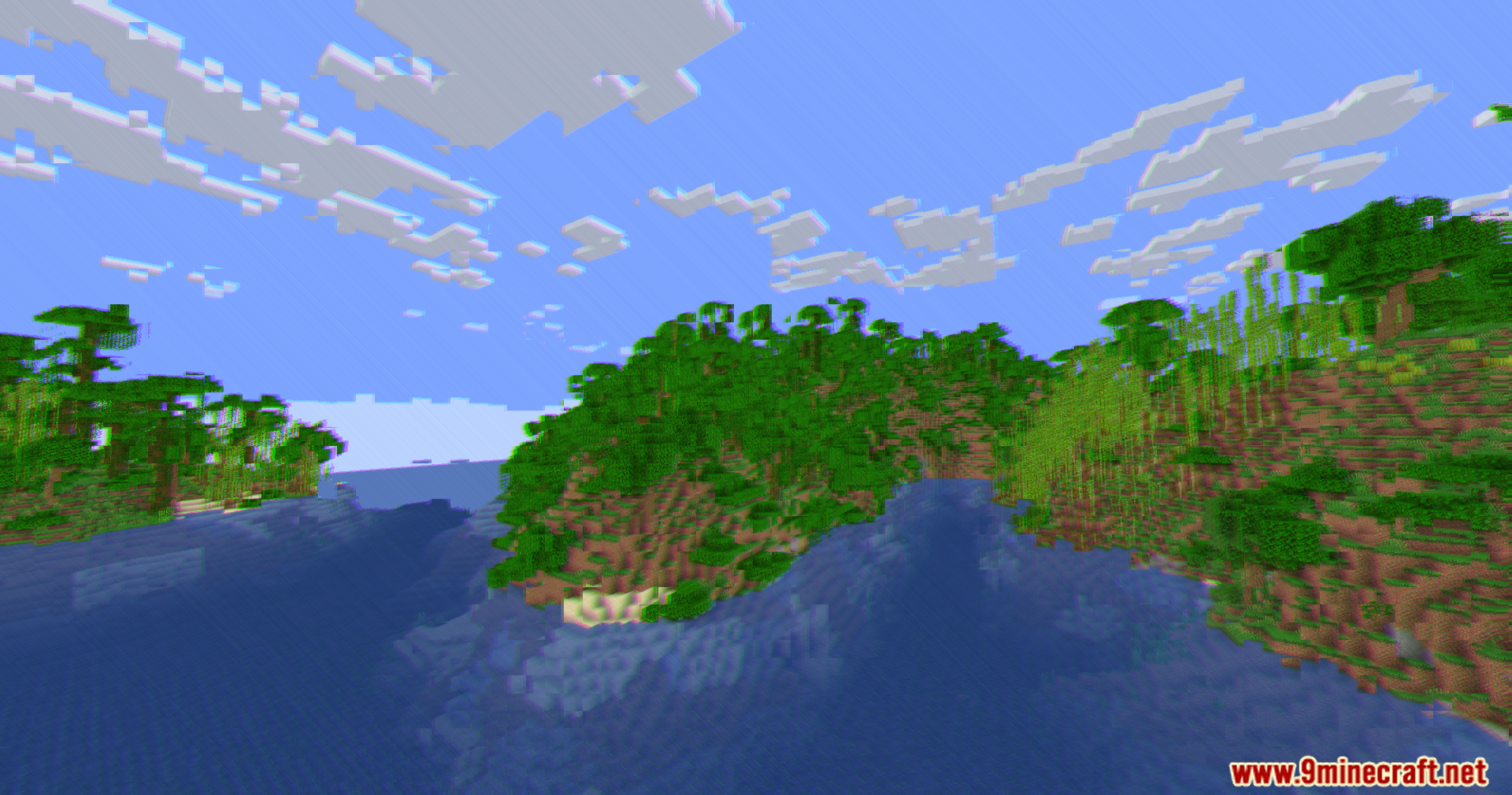 Lush jungle trees and water with distorted screen effects and color splits