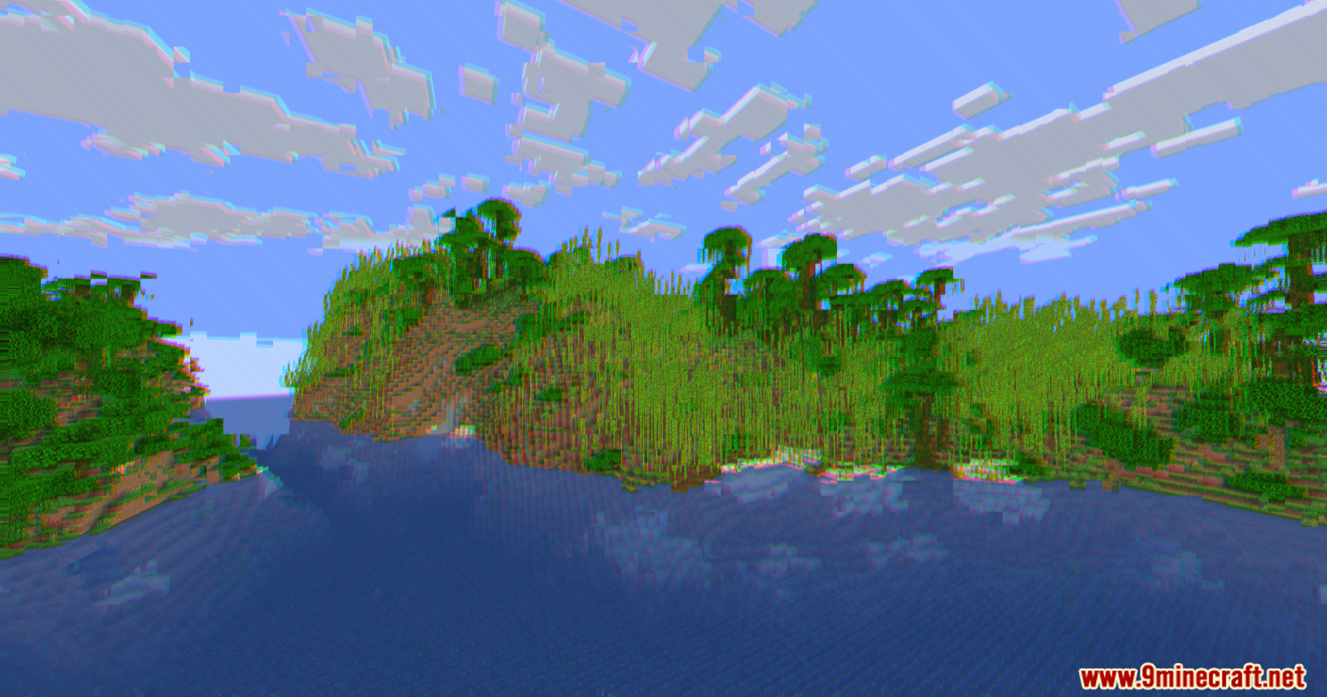 Cripe Shaders creates a glitchy jungle landscape with distorted colors and screen corruption