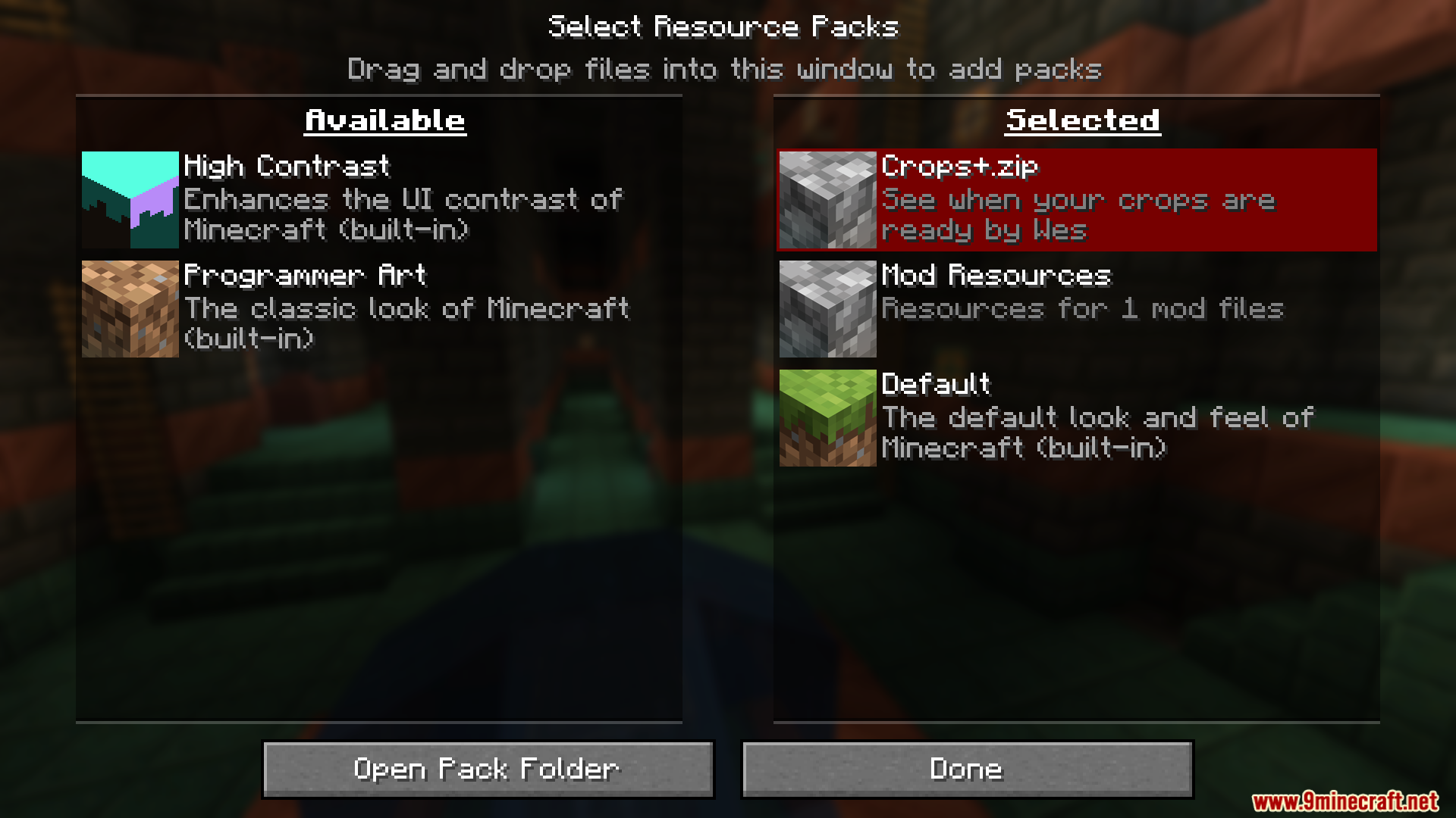 Minecraft resource pack menu showing the Crops Plus zip file selected