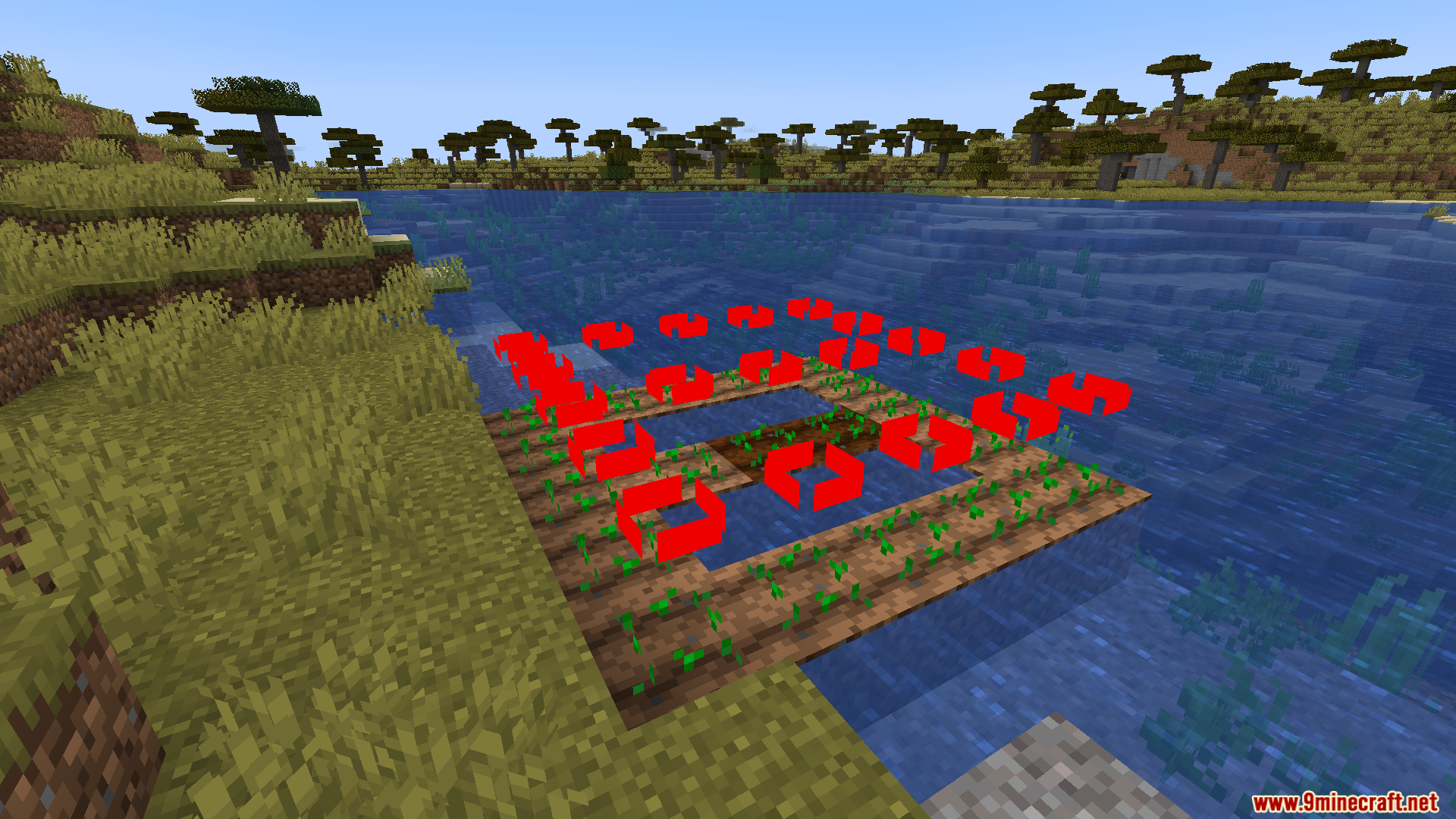 Red rectangles floating above young crops in a Minecraft farm field