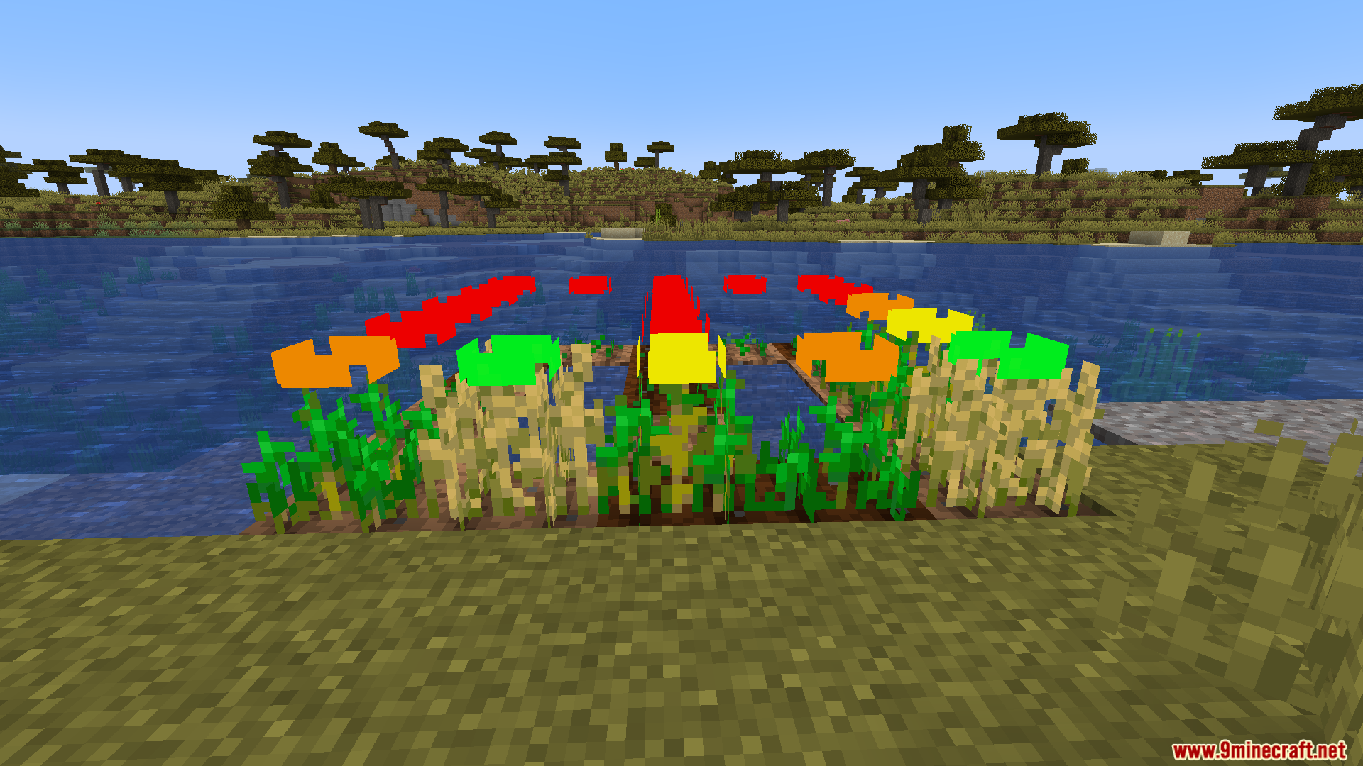 Floating colored rectangles above Minecraft crops indicate when they are ready for harvest
