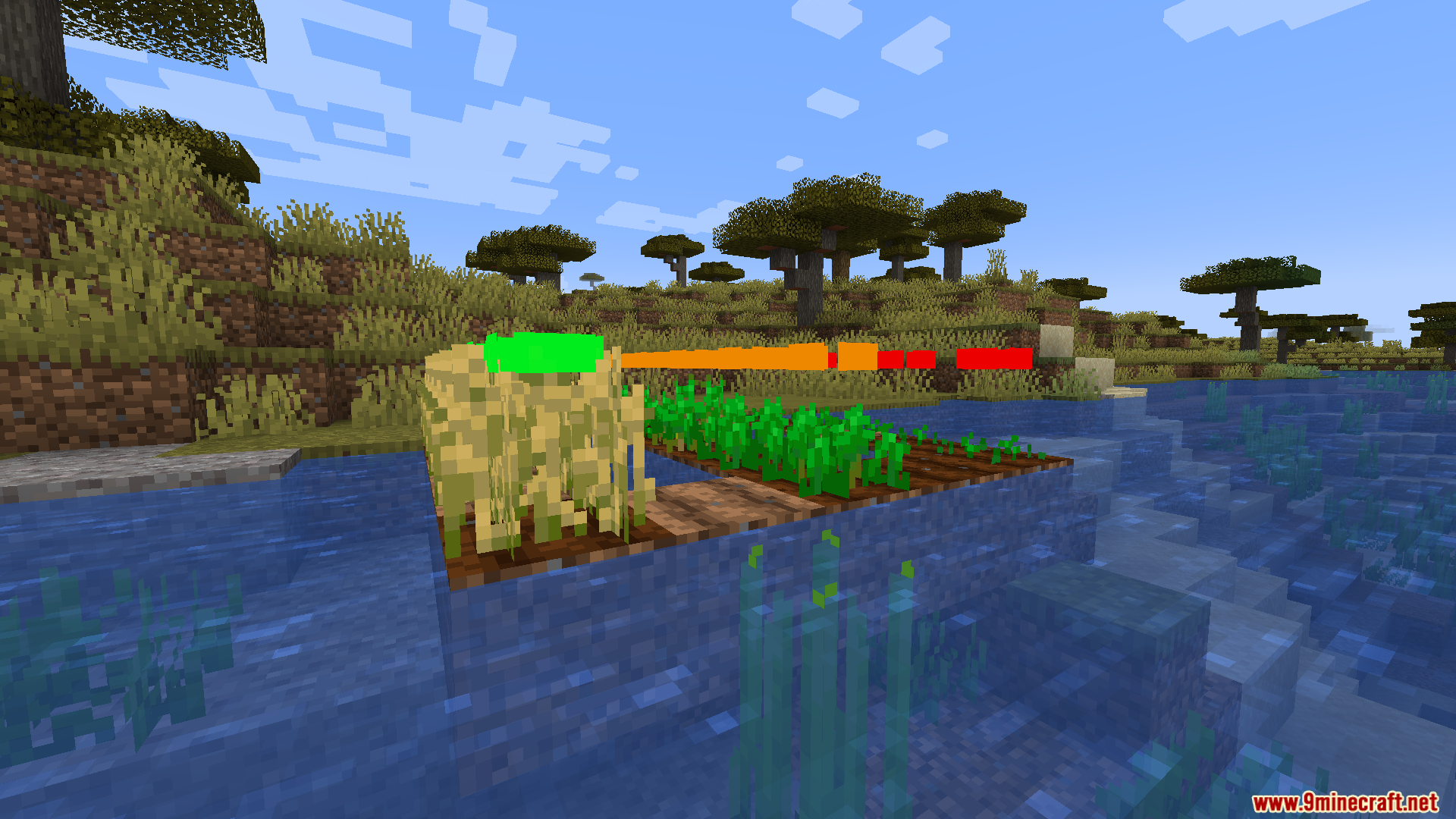 Side view of a farm using colored indicators to track crop growth