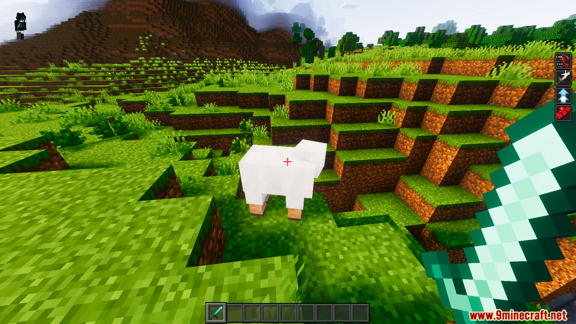 Crosshair Indicator Texture Pack turns the crosshair red when aiming at a sheep