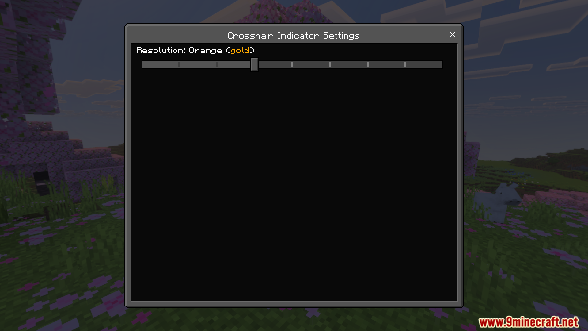 Crosshair Indicator Settings menu showing a slider for orange gold resolution options