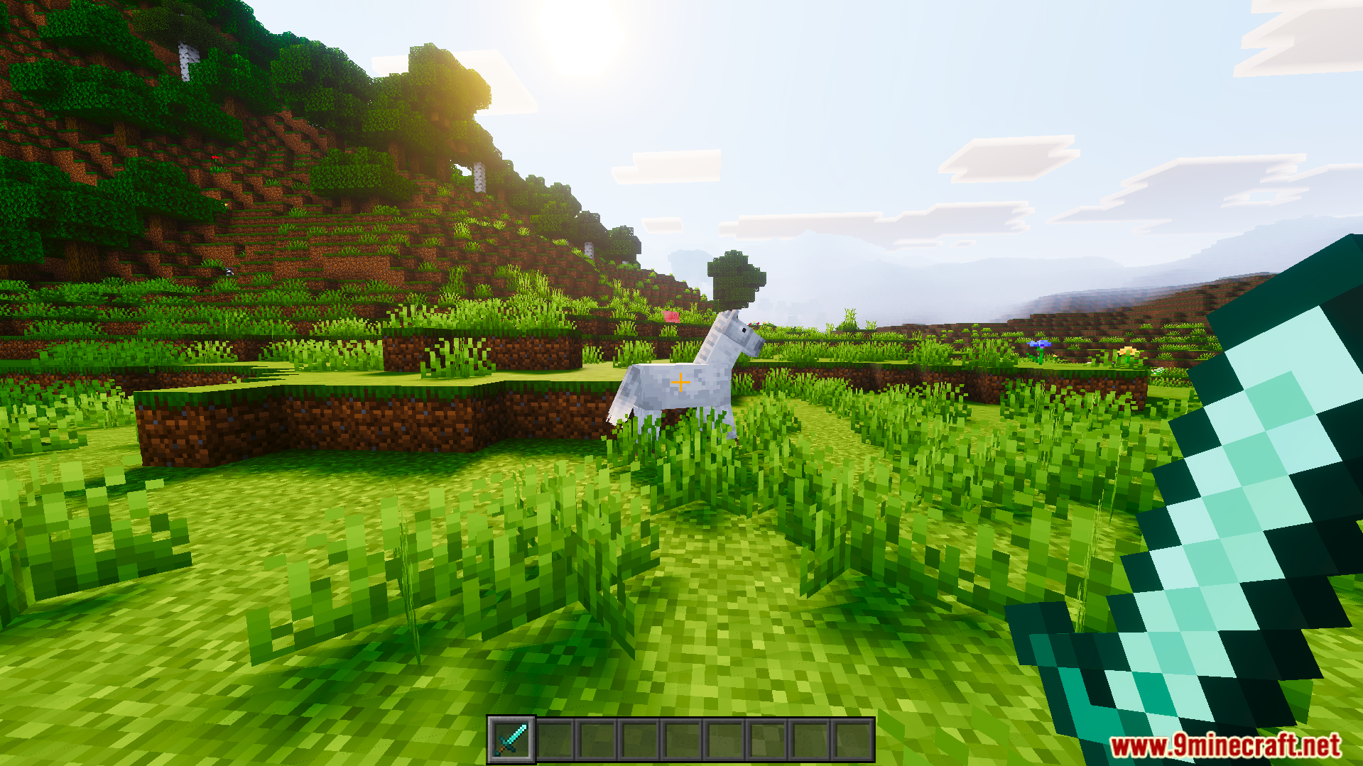 Player holding a diamond sword looking at a white horse in the field