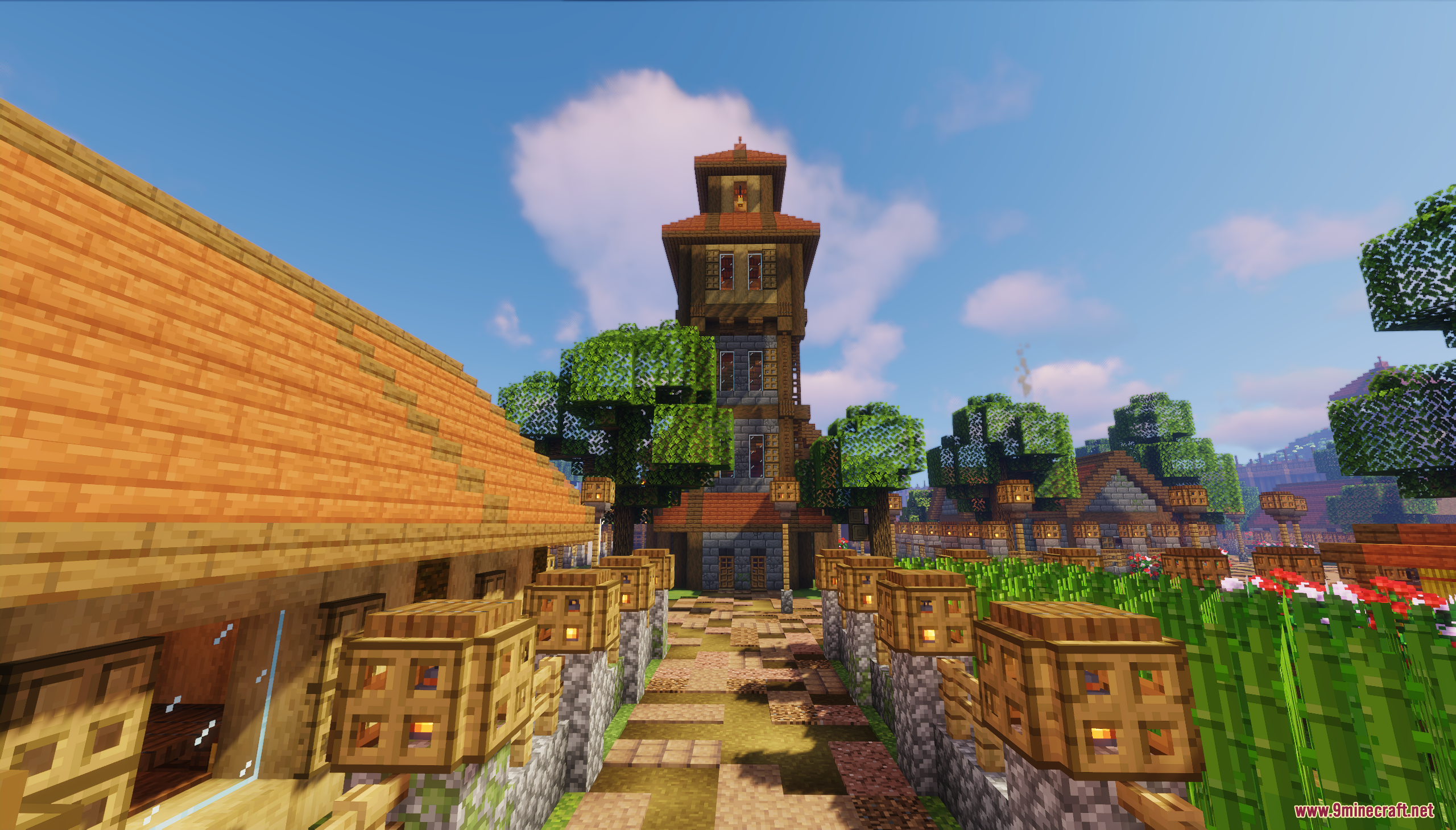 Dalia Map Screenshot 10 A tall wooden tower stands at the end of a lantern lined path