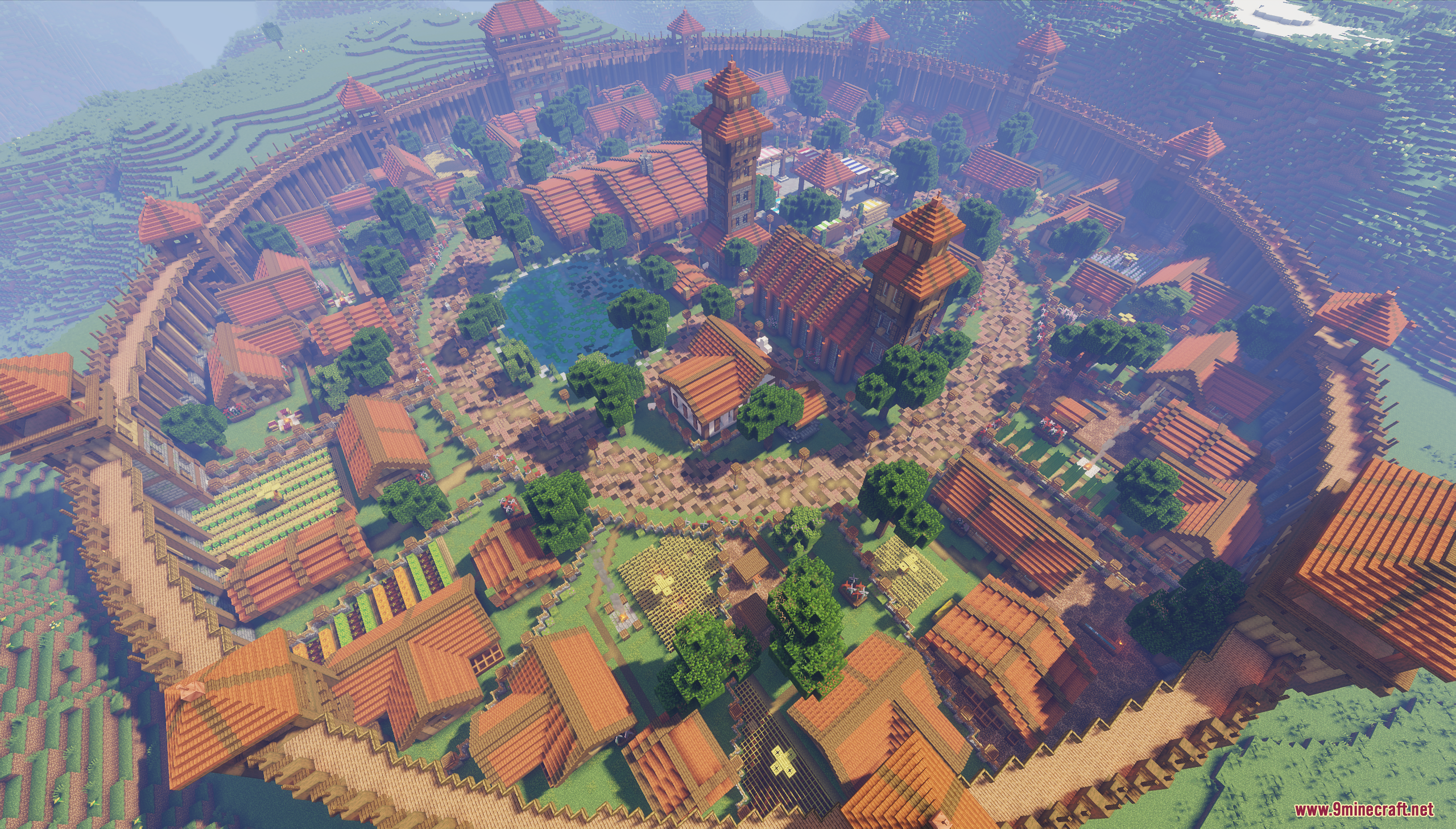 Dalia Map Screenshot 2 Sunlight shines over a circular village featuring wooden houses and a central pond