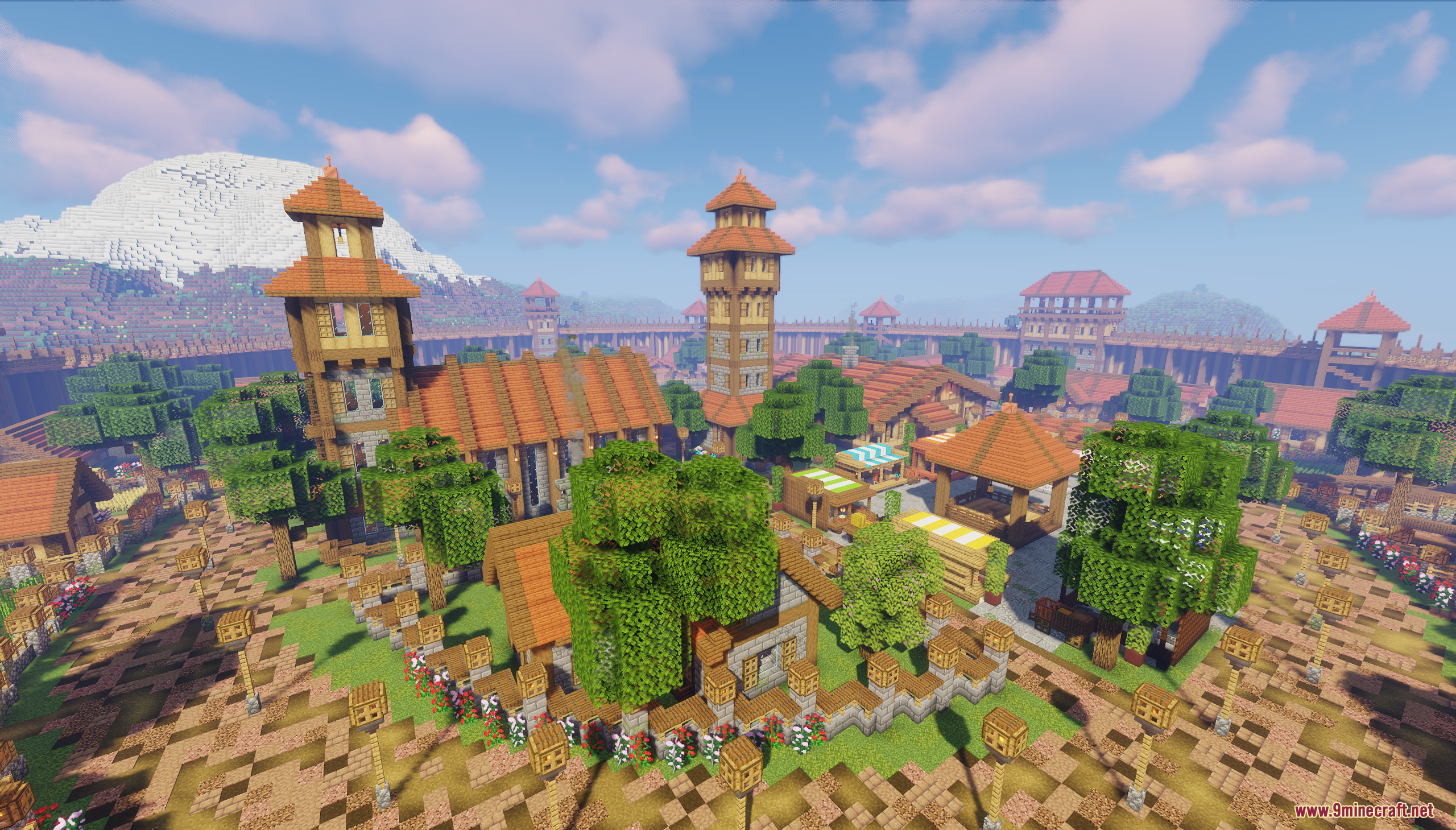 Dalia Map Screenshot 6 A detailed marketplace view within a large walled Minecraft village settlement