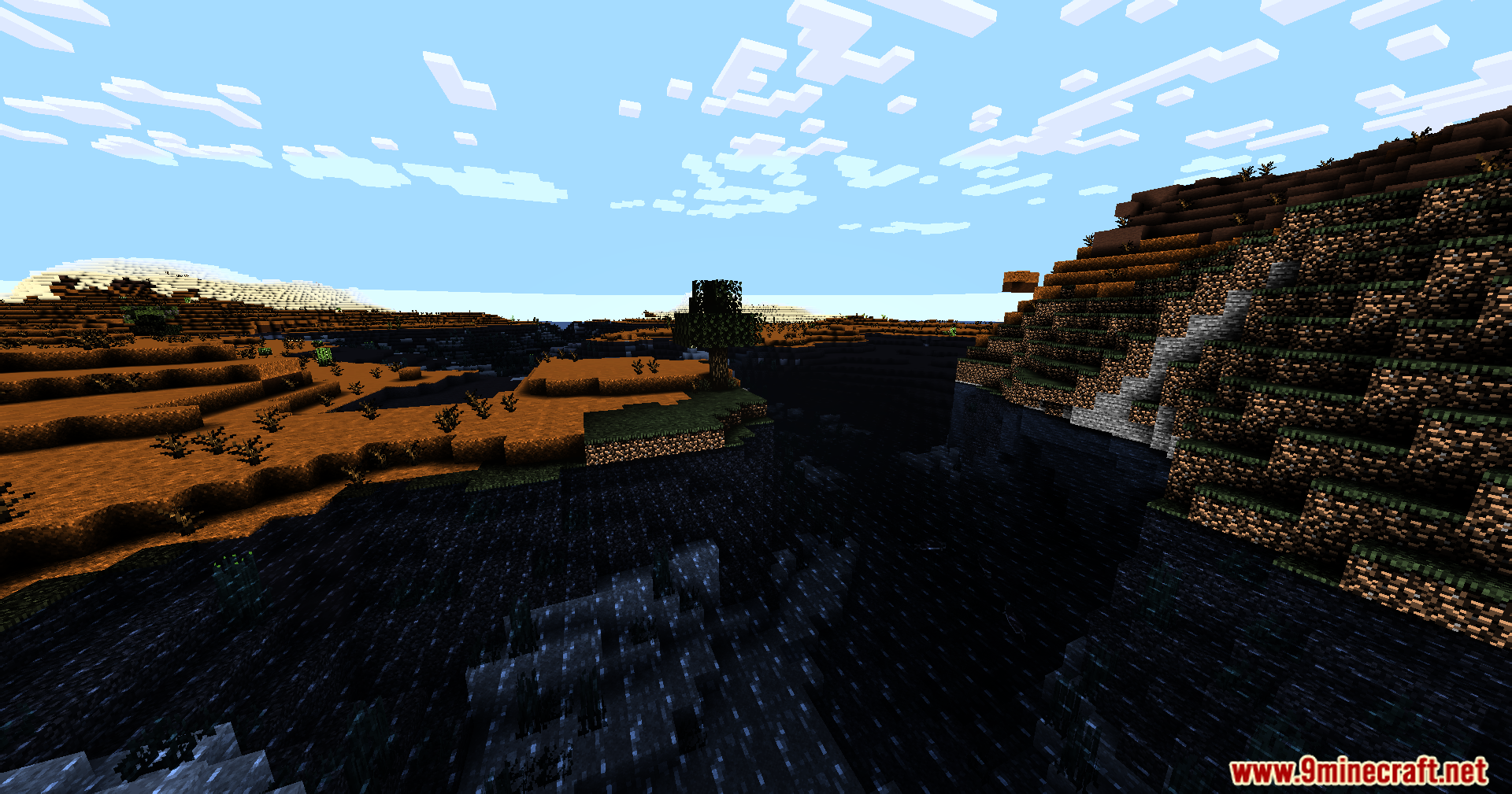 Dark Extreme Shaders creating deep black shadows across a Minecraft mesa biome