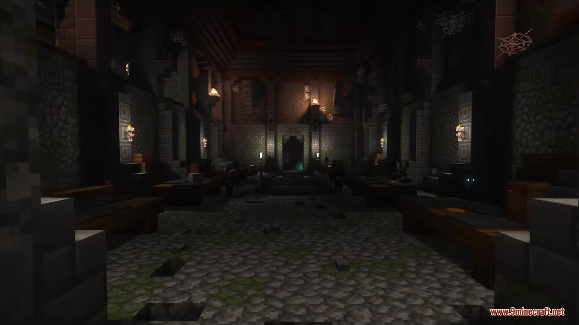 Dark Fantasy Nordic Tombs Mod Screenshot 11 A vast dark underground hall with stone pillars and ancient dusty cobwebs