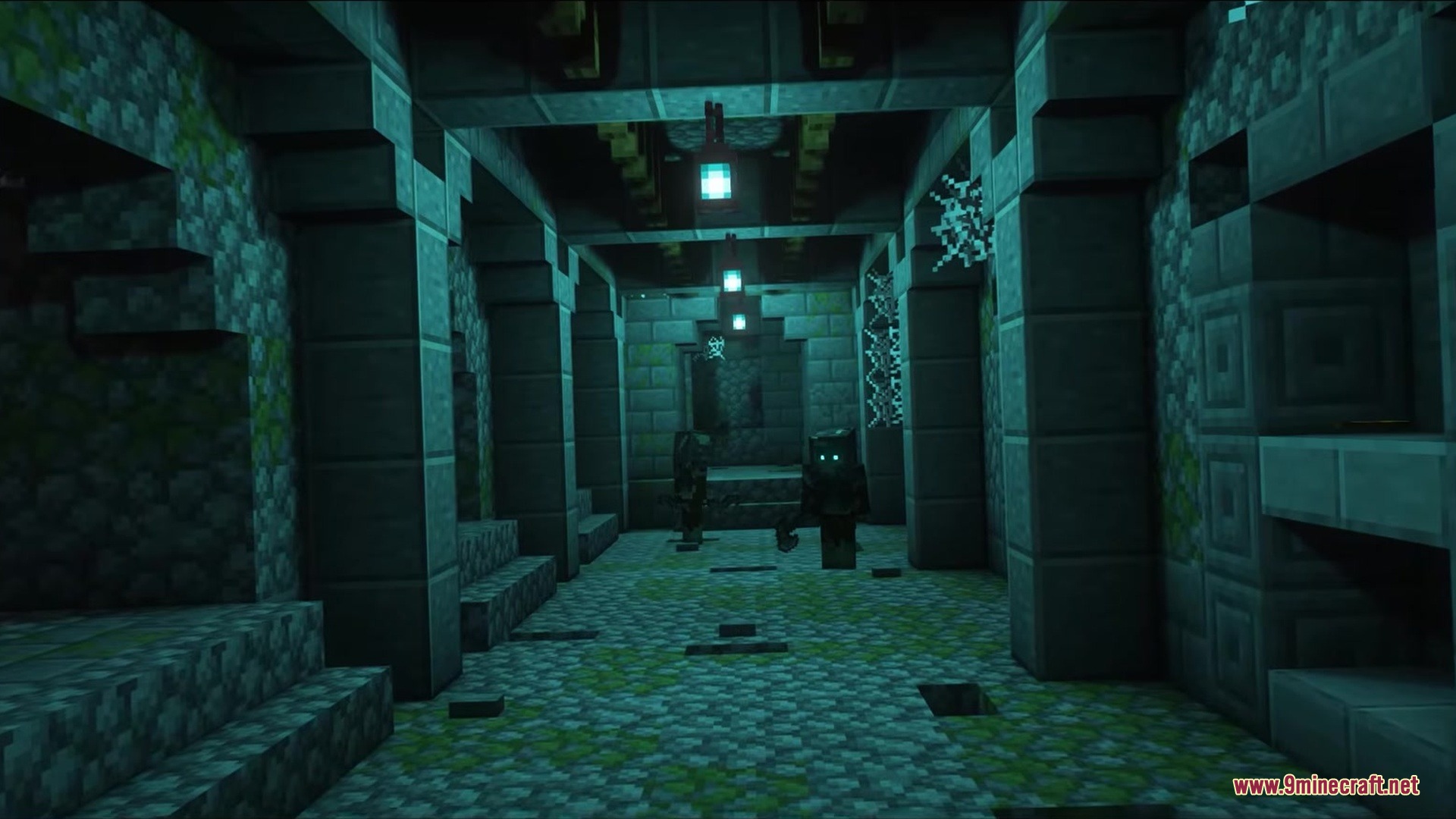 Dark Fantasy Nordic Tombs Mod Screenshot 12 Undead warrior with glowing eyes guards a narrow stone corridor with teal lanterns