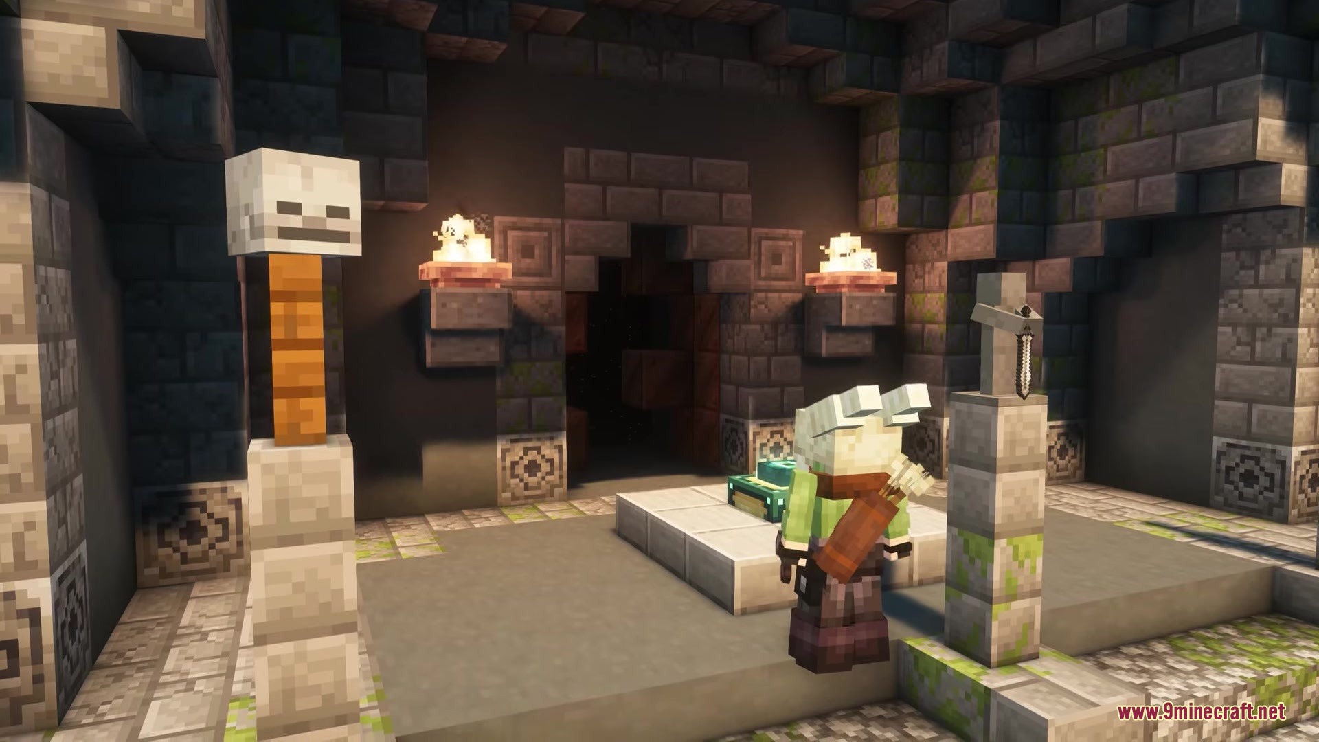 Dark Fantasy Nordic Tombs Mod Screenshot 15 A player explores a dark Nordic tomb with a skeleton head and altar