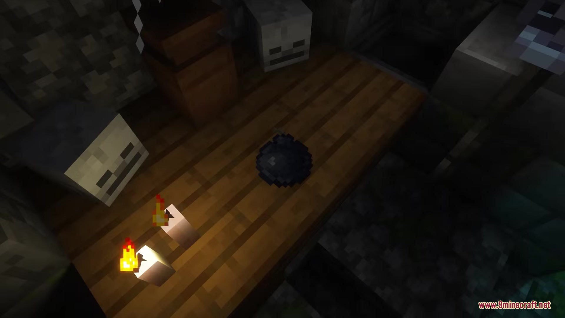 Dark Fantasy Nordic Tombs Mod Screenshot 16 Lit candles and a mysterious dark orb rest on a wooden table inside