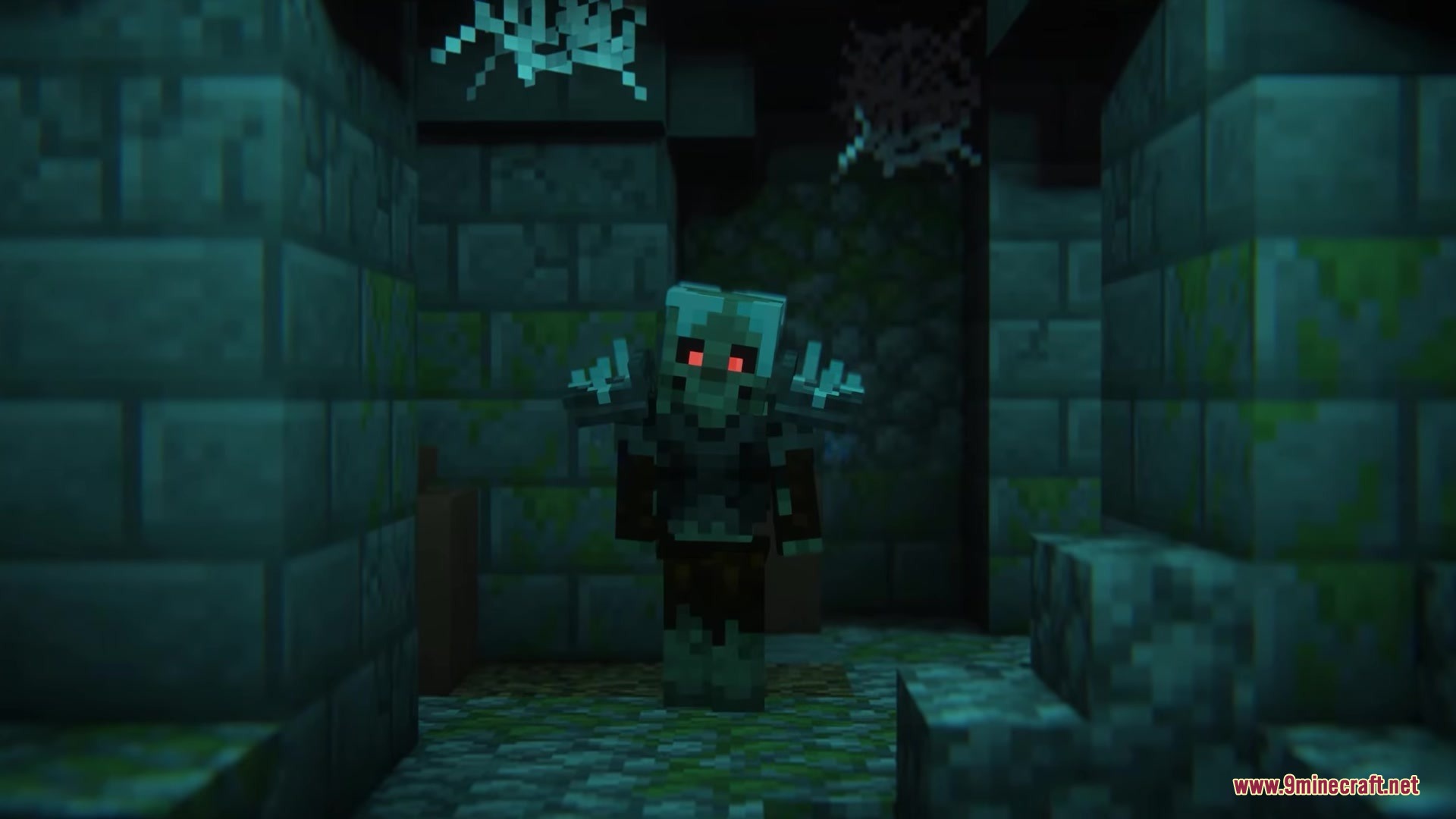 Dark Fantasy Nordic Tombs Mod Screenshot 17 Scary undead warrior with glowing red eyes standing in a dark stone corridor