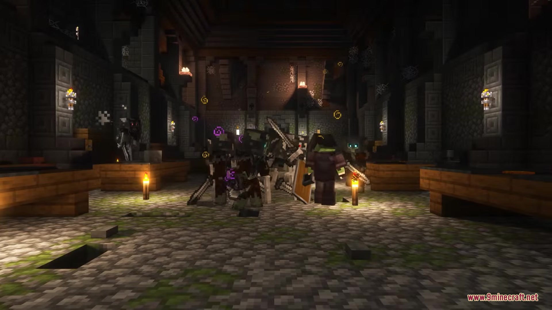 Dark Fantasy Nordic Tombs Mod Screenshot 18 Undead warriors with swords and shields gather in a large dark dungeon hall