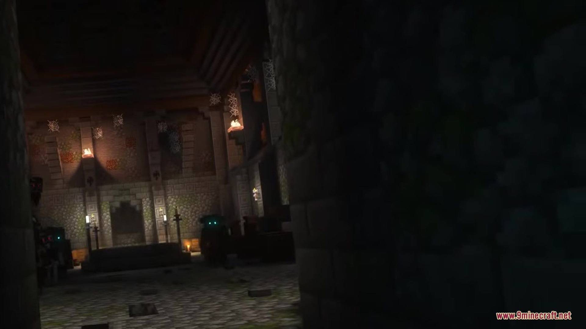 Dark Fantasy Nordic Tombs Mod Screenshot 19 Dark Fantasy Nordic Tombs Mod features a vast hall with mysterious glowing eyes