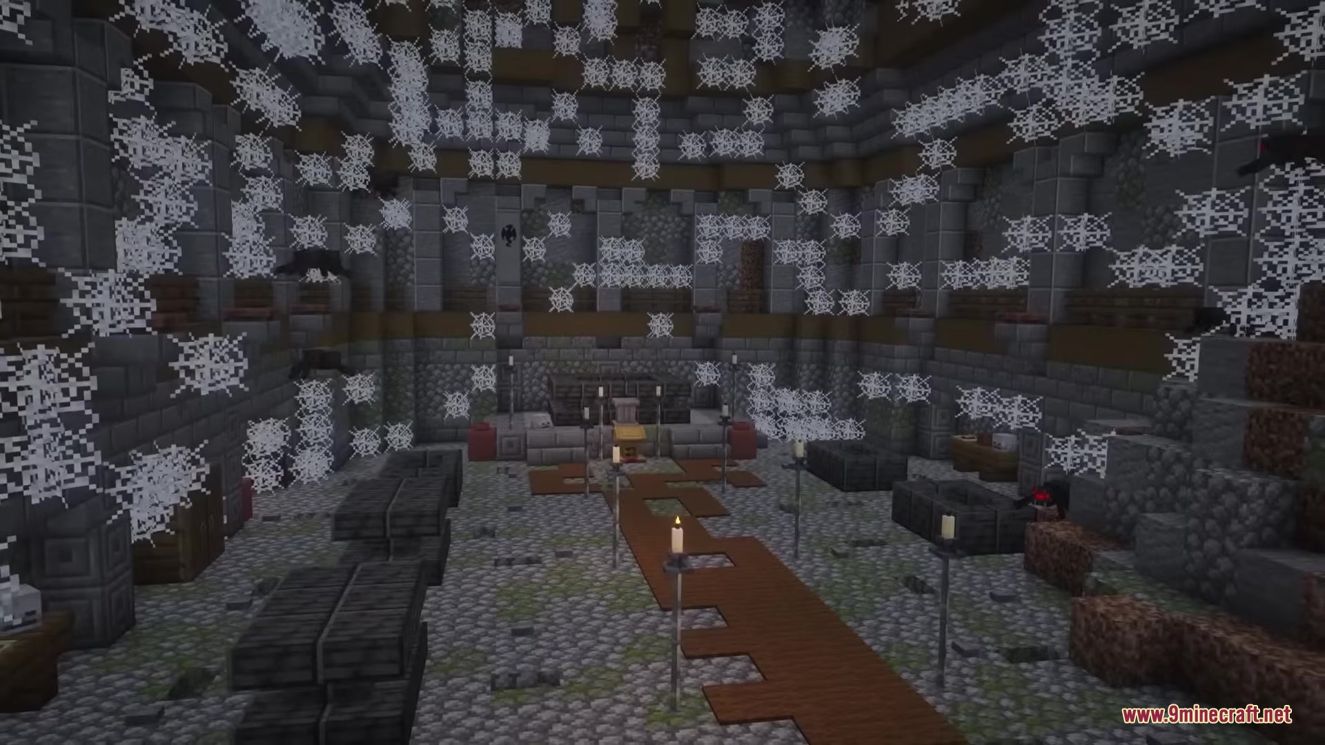 Dark Fantasy Nordic Tombs Mod Screenshot 4 Cobwebs and candles fill the interior of a dark ancient stone tomb