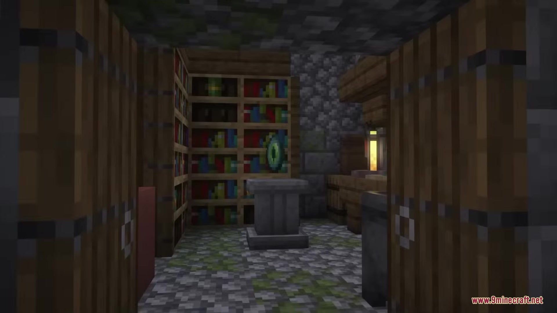 Dark Fantasy Nordic Tombs Mod Screenshot 6 Interior of a small library room with bookshelves and a stone pedestal
