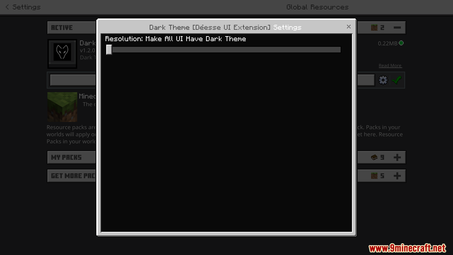 Dark Theme Texture Pack Screenshot 1 Settings menu showing the configuration slider for the Dark Theme texture pack options