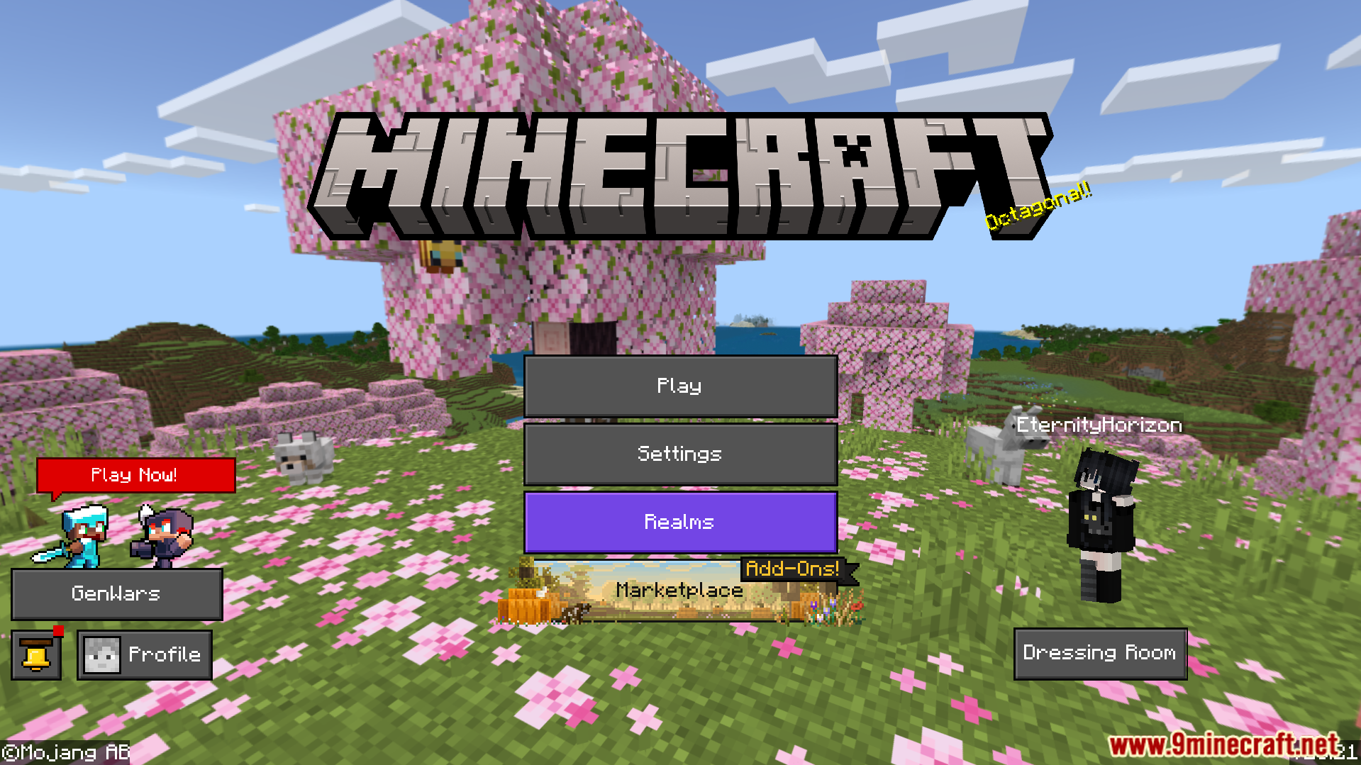 Dark Theme Texture Pack Screenshot 2 Main menu screen featuring custom dark buttons and a cherry blossom tree background