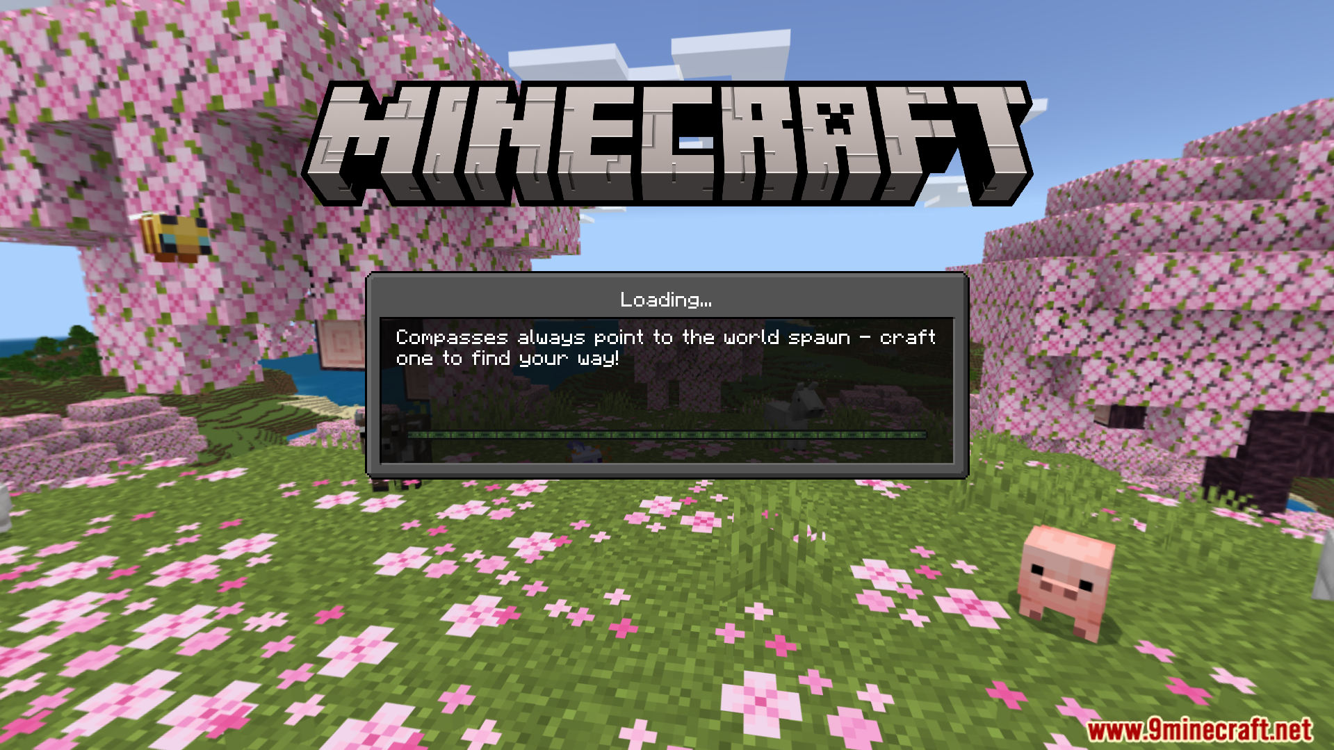 Dark Theme Texture Pack Screenshot 3 Minecraft loading screen featuring a dark grey box and cherry blossom biome background