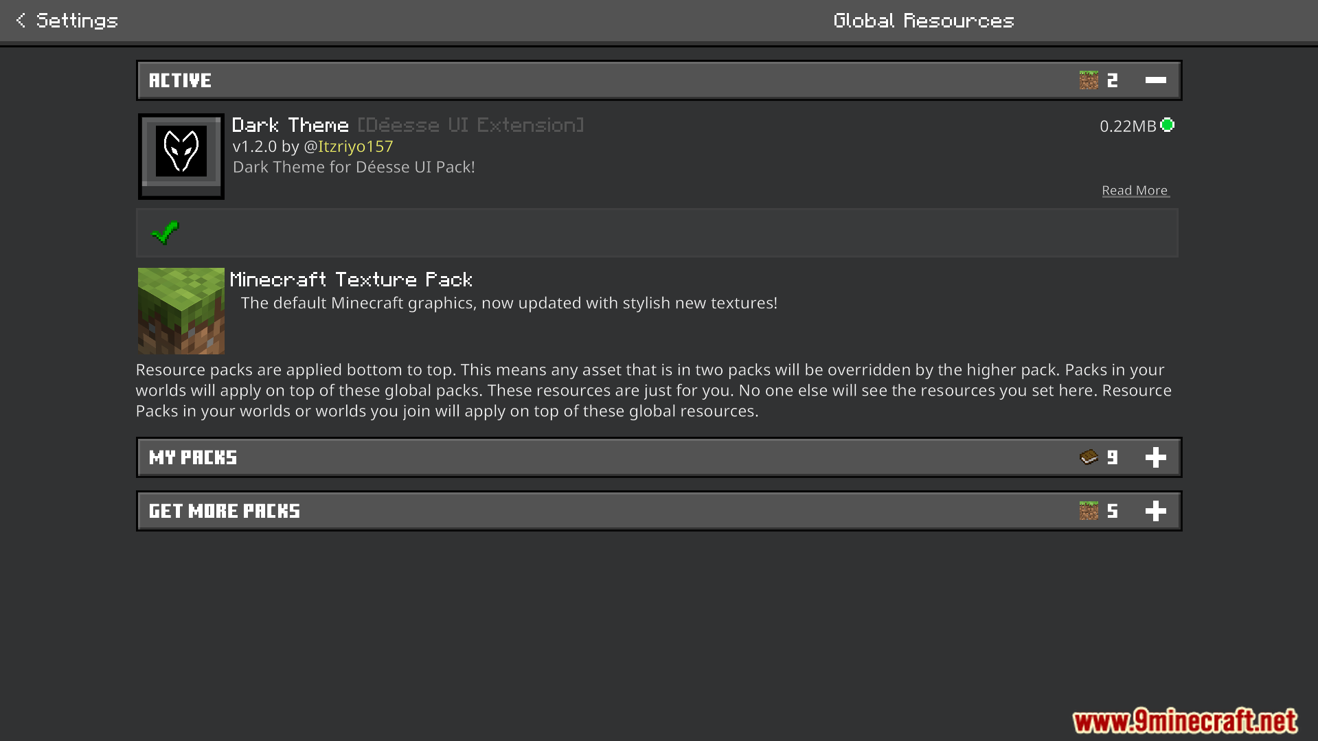 Dark Theme Texture Pack Screenshot 7 Minecraft global resources settings screen with the dark theme texture pack enabled