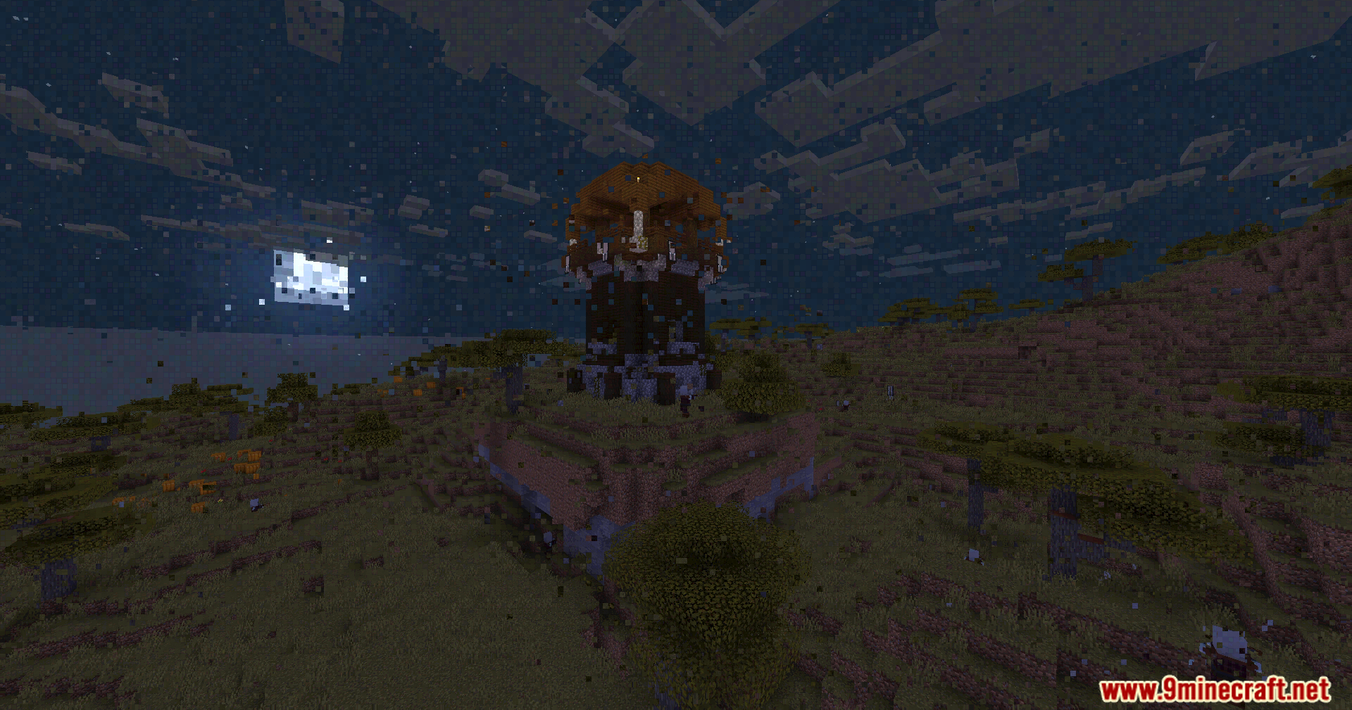 Distorted night landscape featuring a pillager outpost with smeared and broken pixel blocks