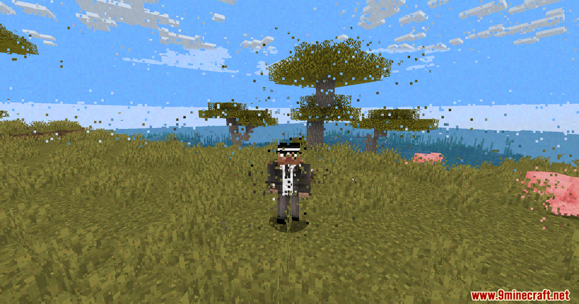 Datamosh Shaders creating blocky glitch effects around a player in a savanna