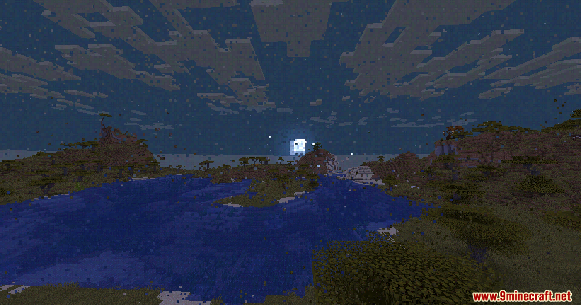 Datamosh Shaders creates a pixelated glitch effect over a moonlit night landscape