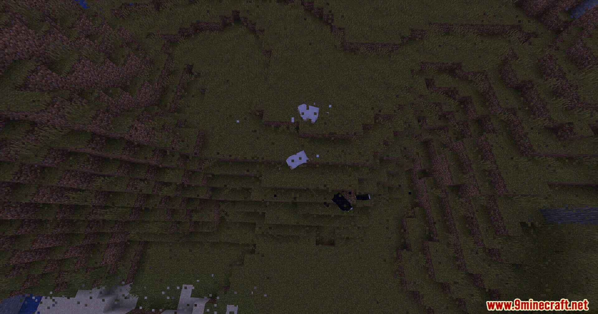 An aerial view of the ground showing distorted pixel blocks and glitches