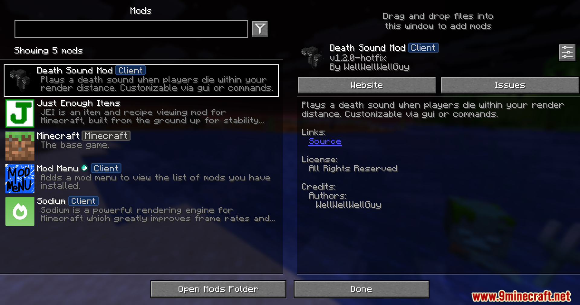 Death Sound Mod Screenshot 1 Minecraft mod menu interface showing the Death Sound Mod and other utilities
