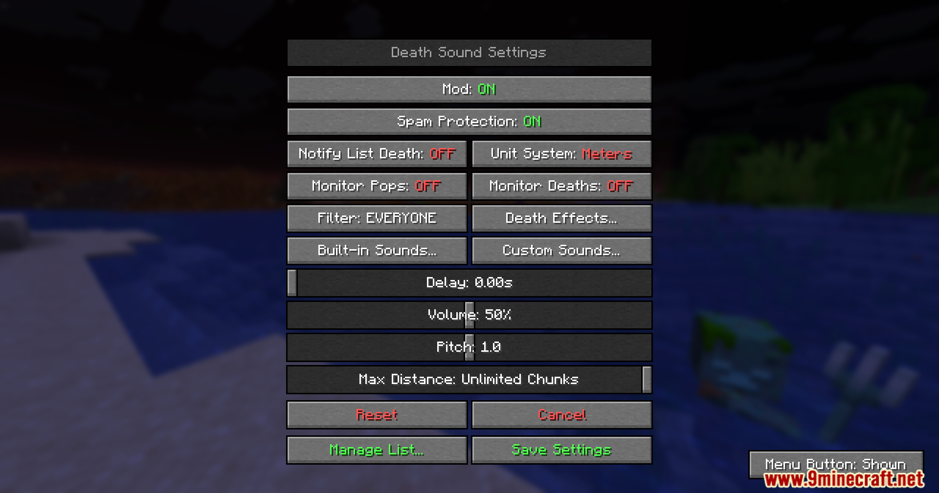 Death Sound Mod Screenshot 2 The settings menu for adjusting sound volume and pitch in Minecraft