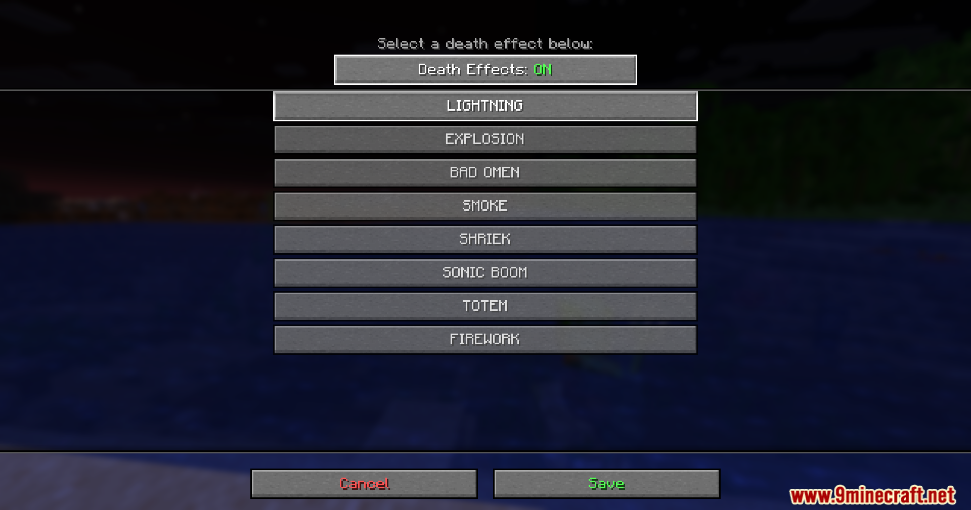 Death Sound Mod Screenshot 3 A Minecraft menu interface for selecting various death effects and sounds