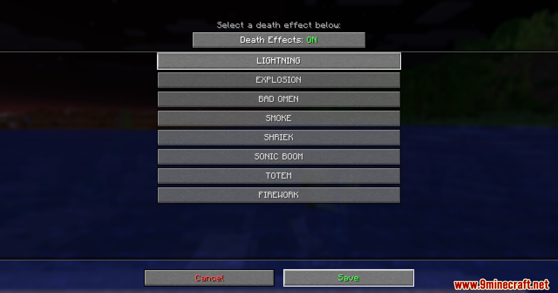 Death Sound Mod Screenshot 4 The Death Sound Mod menu for choosing different death effects in Minecraft