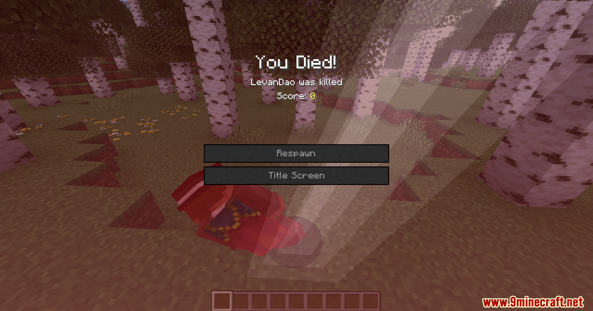 Death Sound Mod Screenshot 5 A Minecraft death screen appears after a player dies in a birch forest